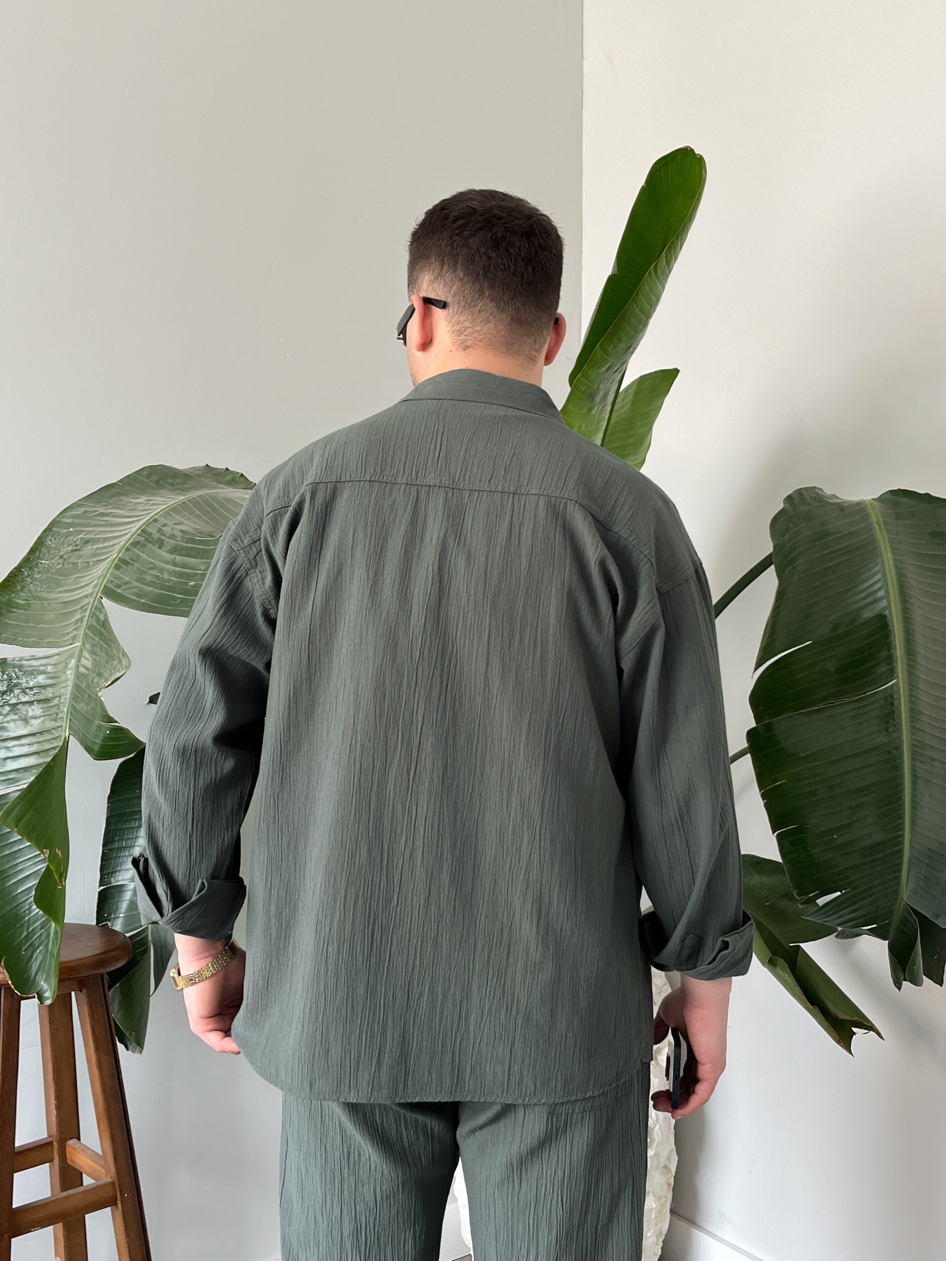 Küf Yeşili Krinkıl Keten Oversize Takım