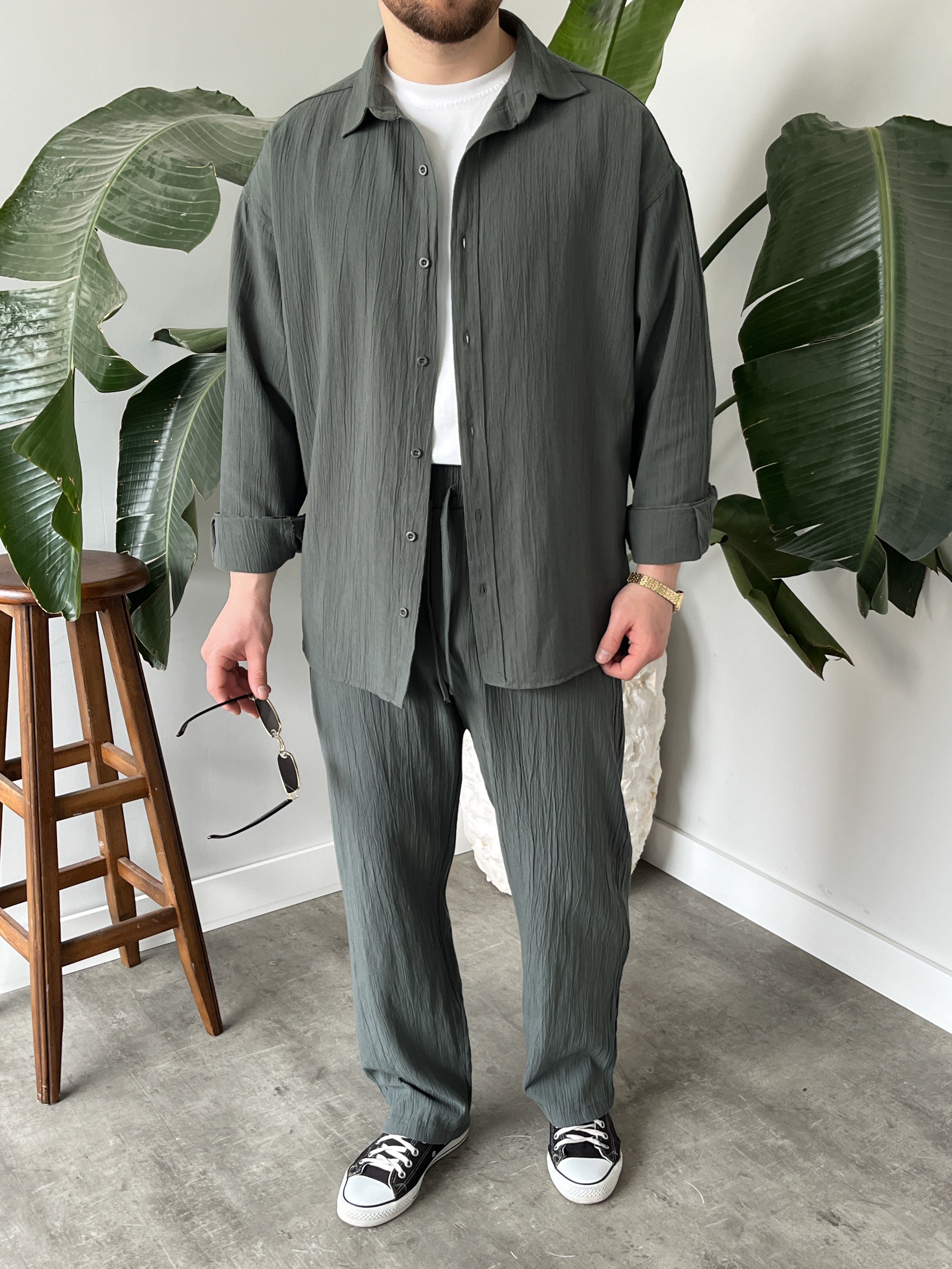 Küf Yeşili Krinkıl Keten Oversize Takım