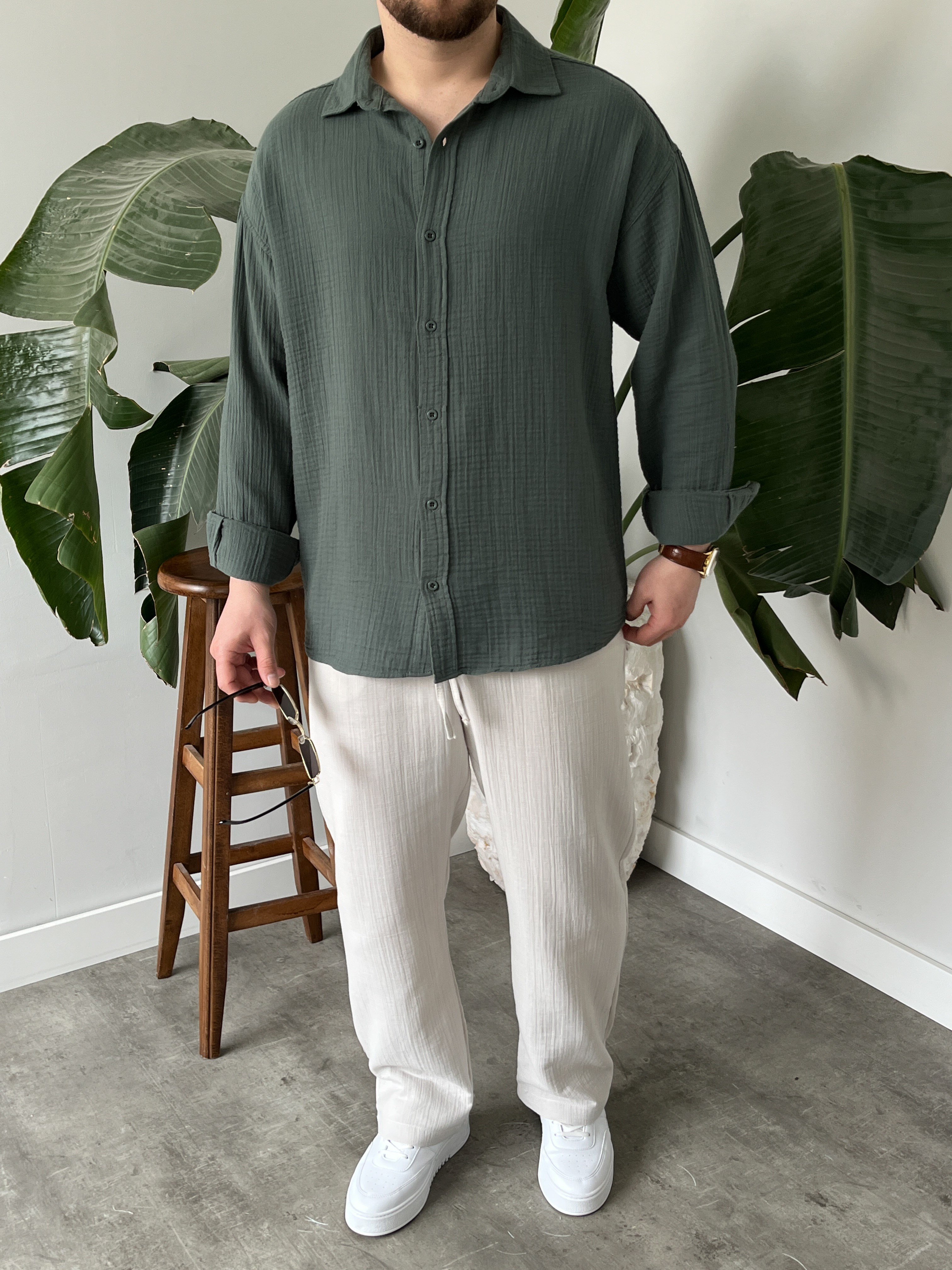 Küf Yeşili Premium Müslin Dokulu Oversize Gömlek