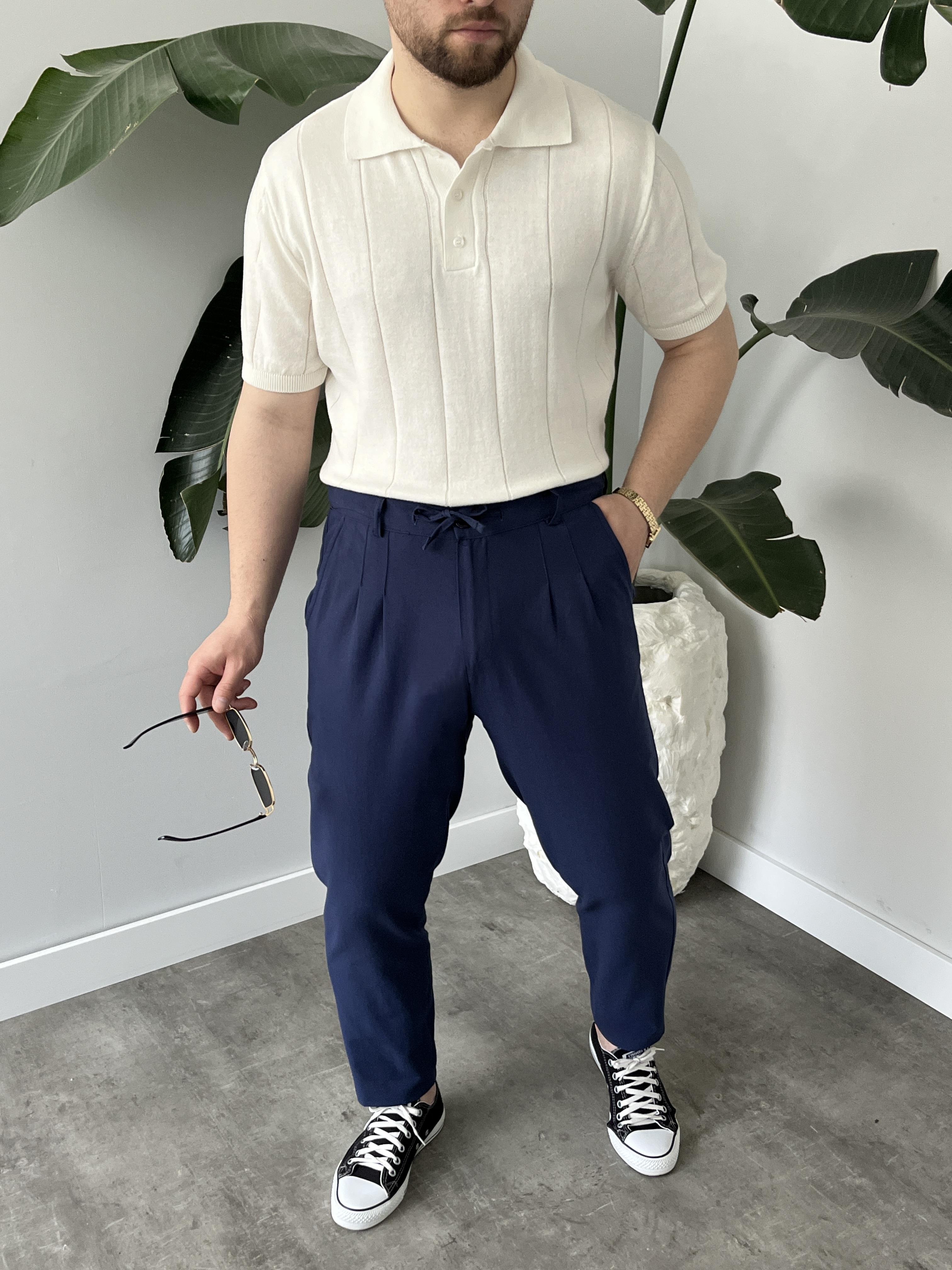 Lacivert Bağlama Detaylı Keten Boyfriend Pantolon