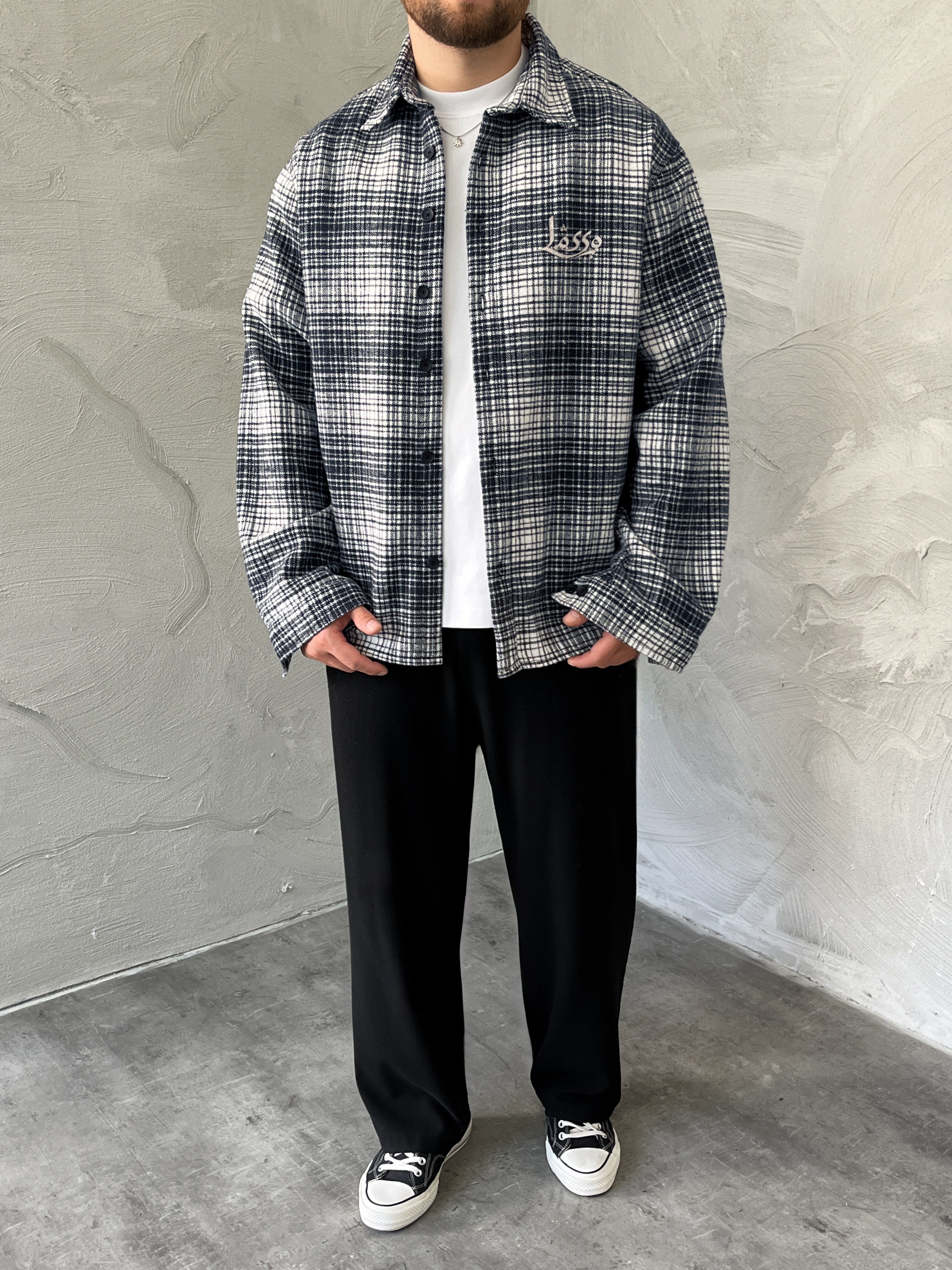 Lacivert Baskılı Oversize Ekose Gömlek