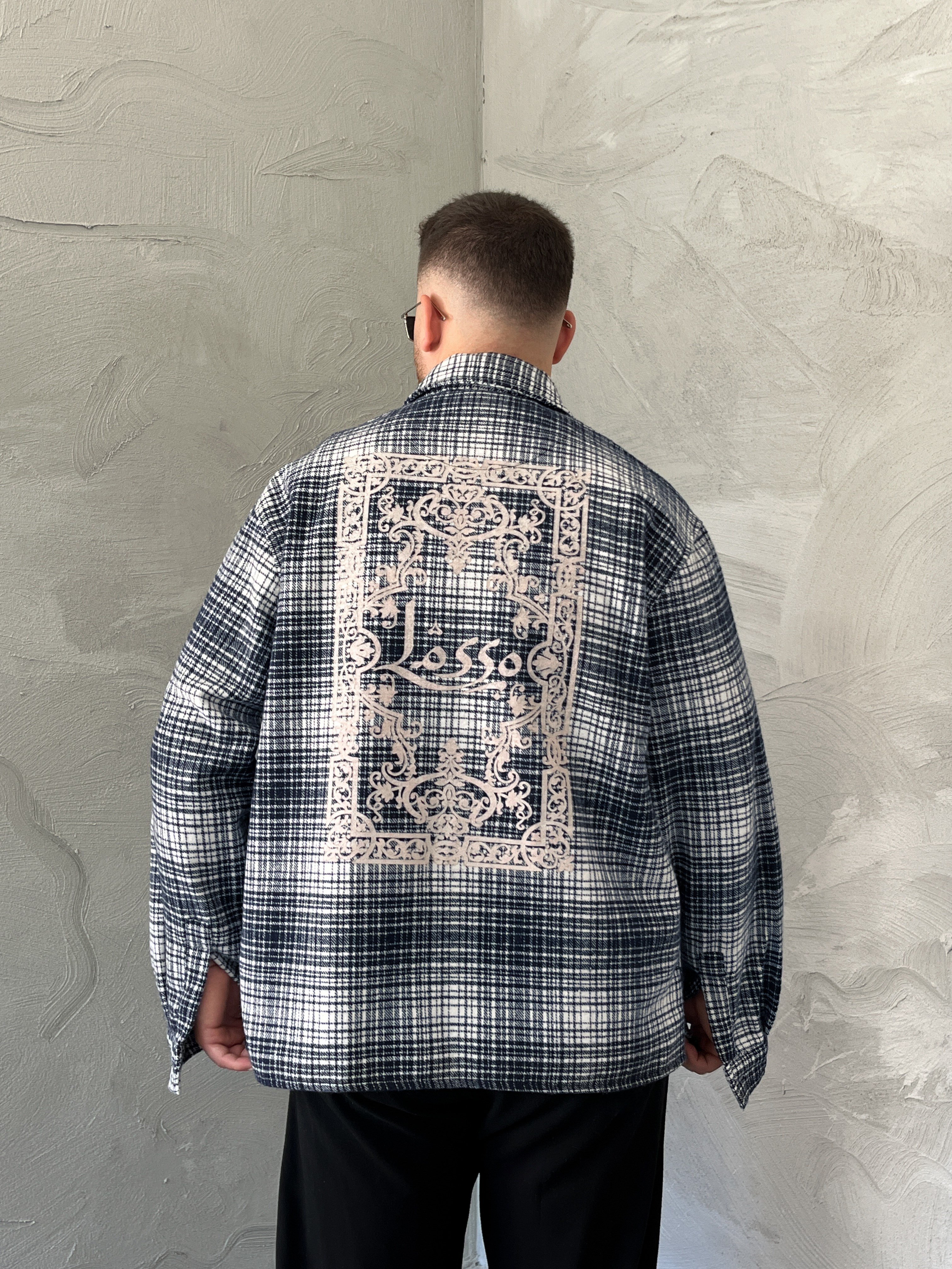 Lacivert Baskılı Oversize Ekose Gömlek