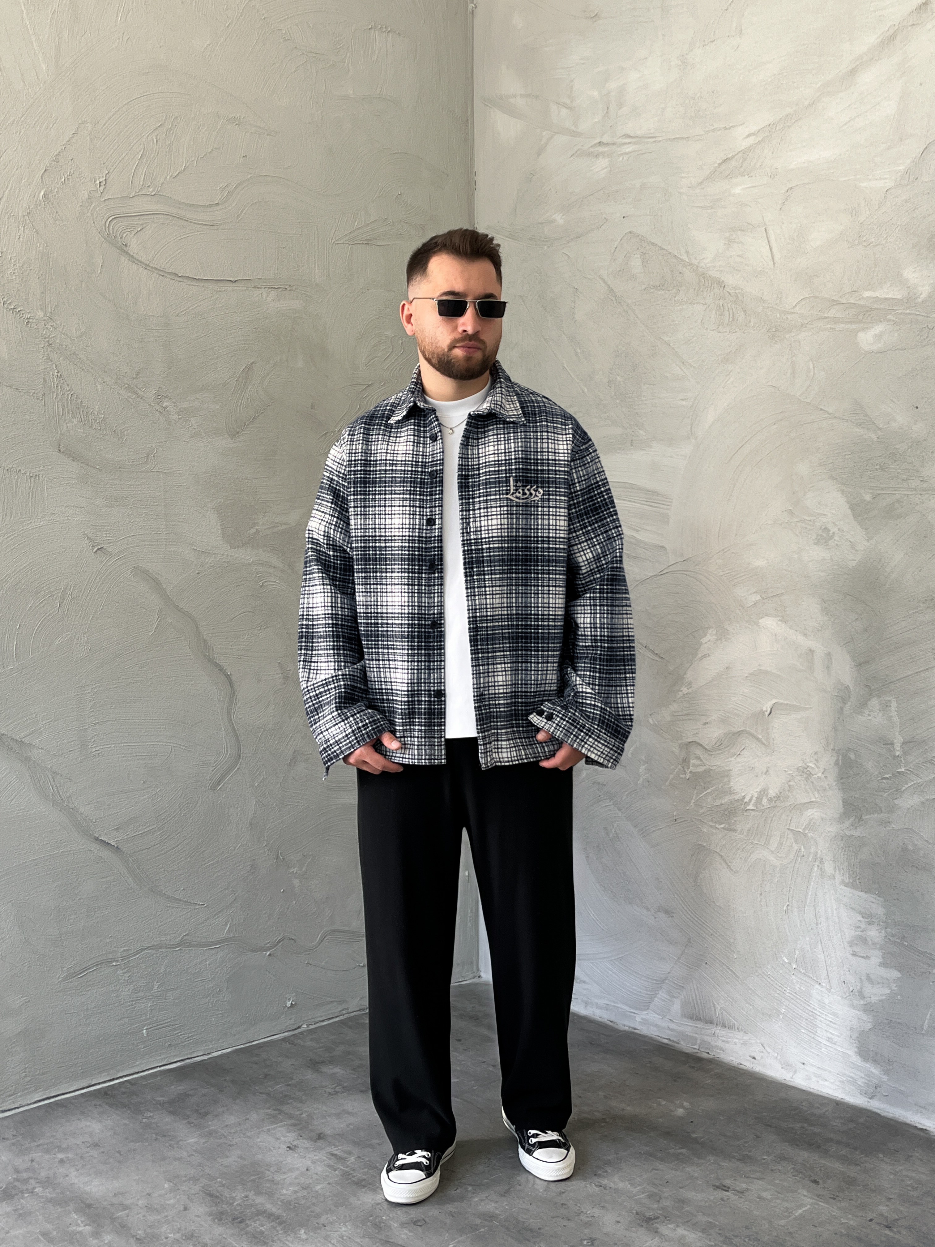 Lacivert Baskılı Oversize Ekose Gömlek