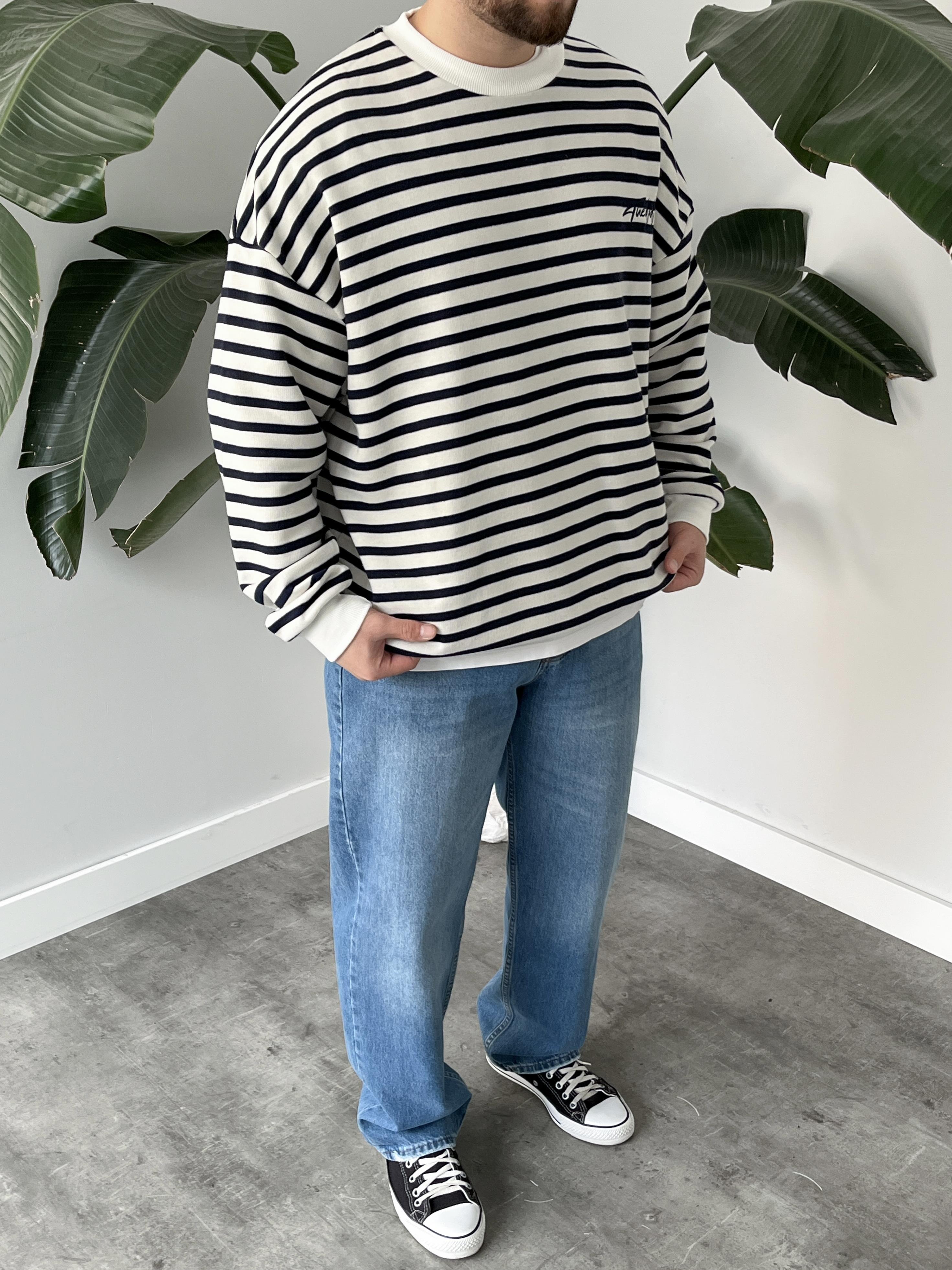 Lacivert Çizgili Bisiklet Yaka Oversize Sweatshirt