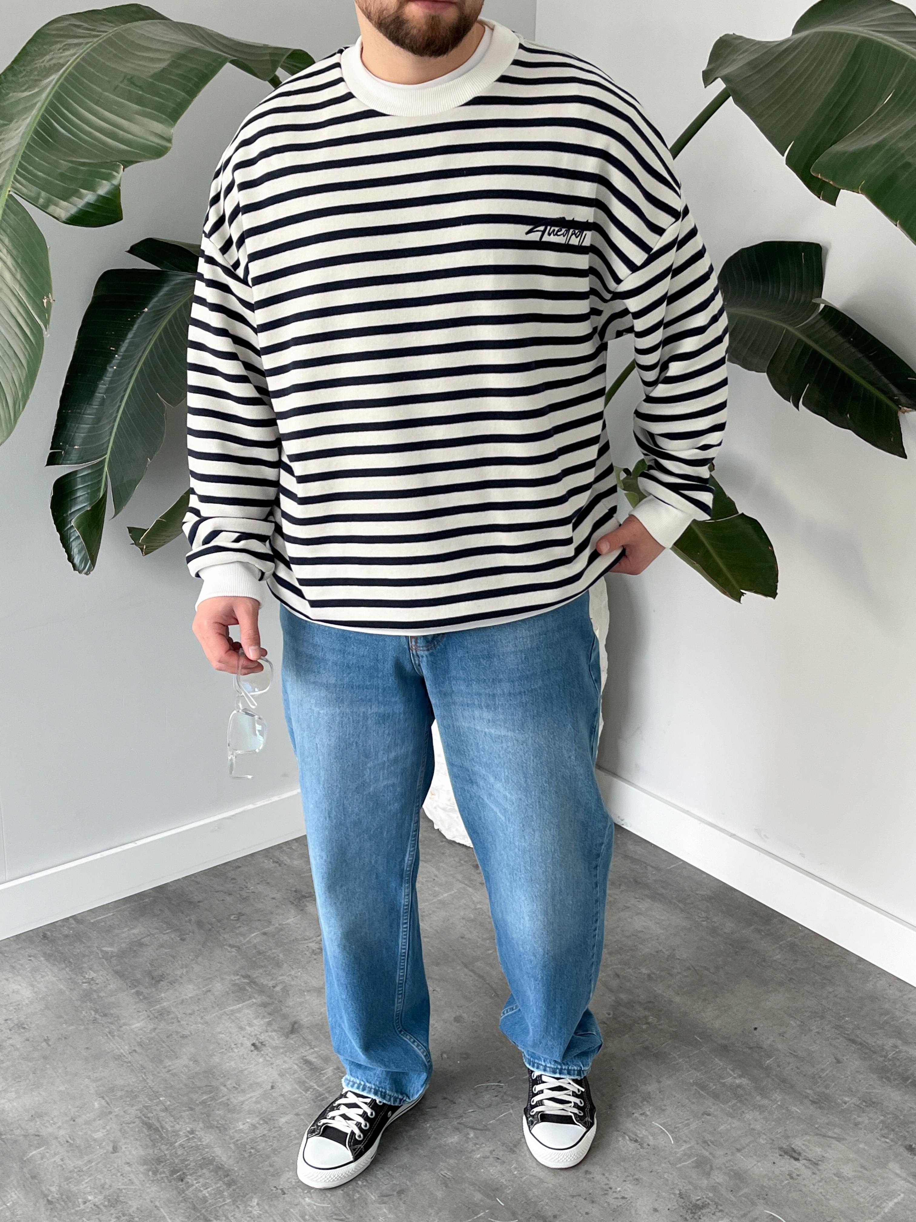 Lacivert Çizgili Bisiklet Yaka Oversize Sweatshirt