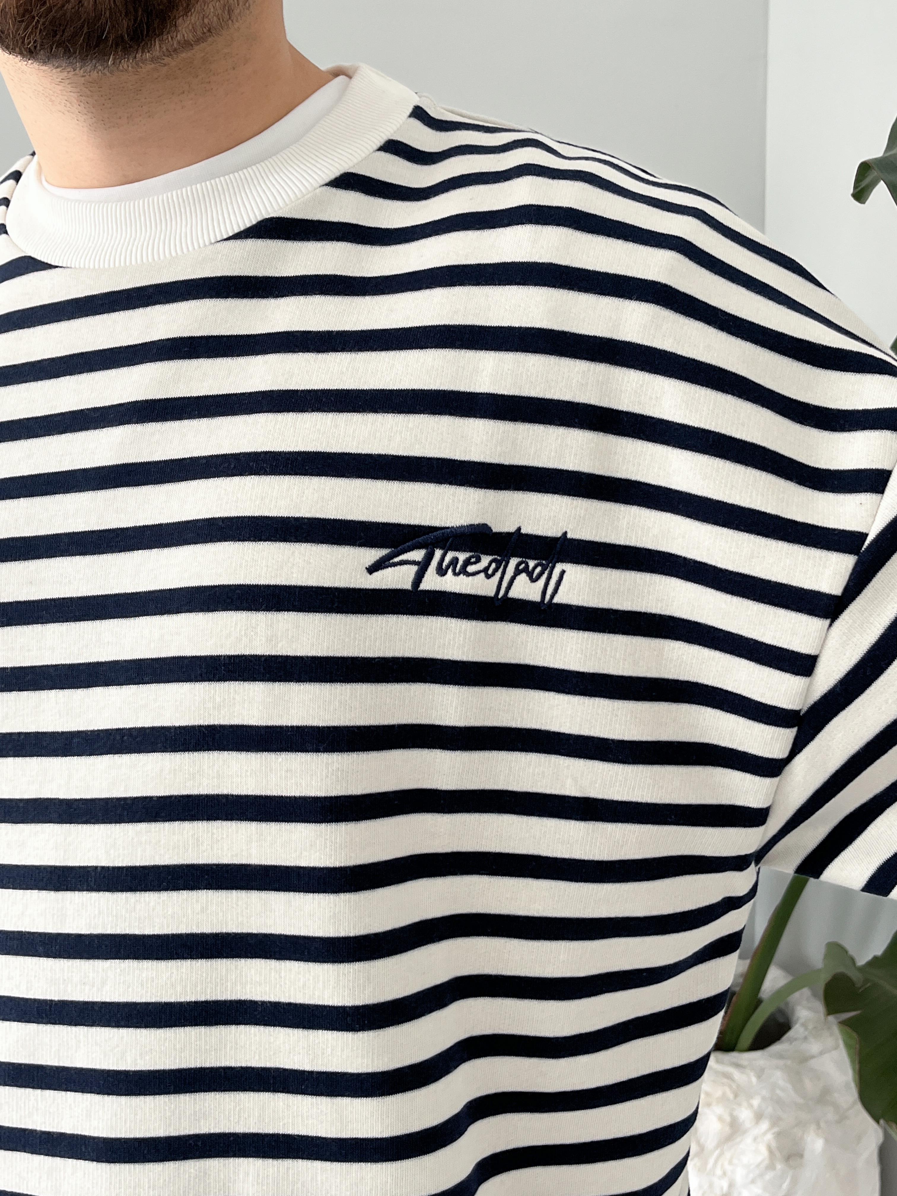 Lacivert Çizgili Bisiklet Yaka Oversize Sweatshirt