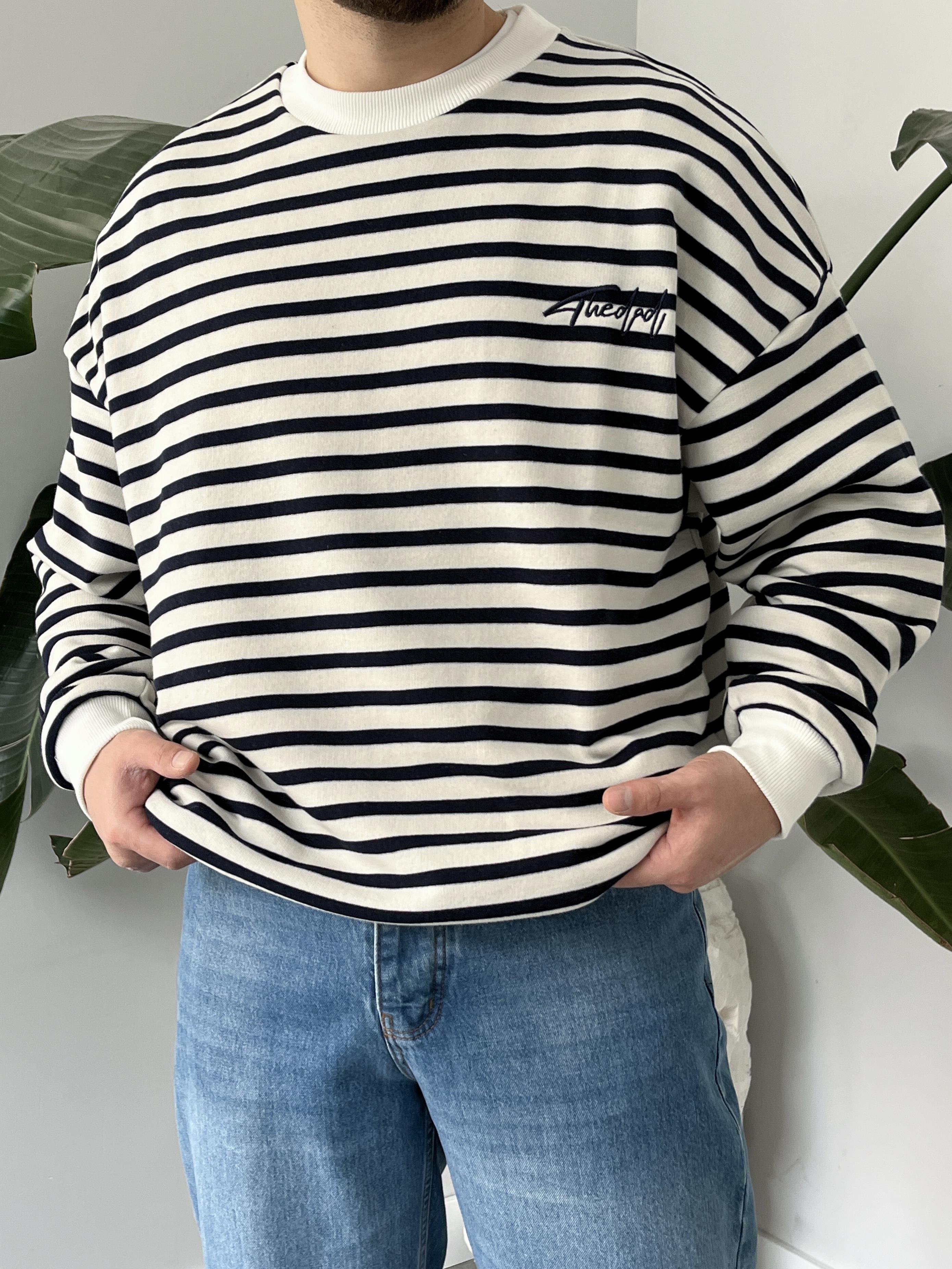 Lacivert Çizgili Bisiklet Yaka Oversize Sweatshirt