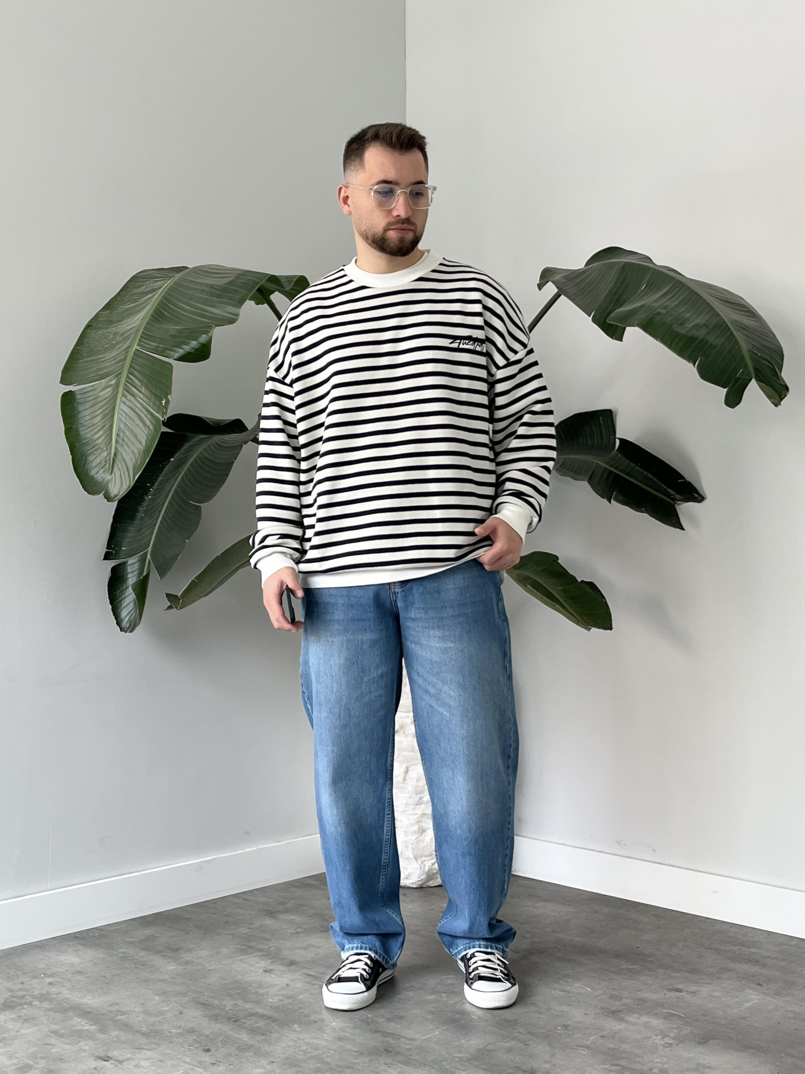 Lacivert Çizgili Bisiklet Yaka Oversize Sweatshirt
