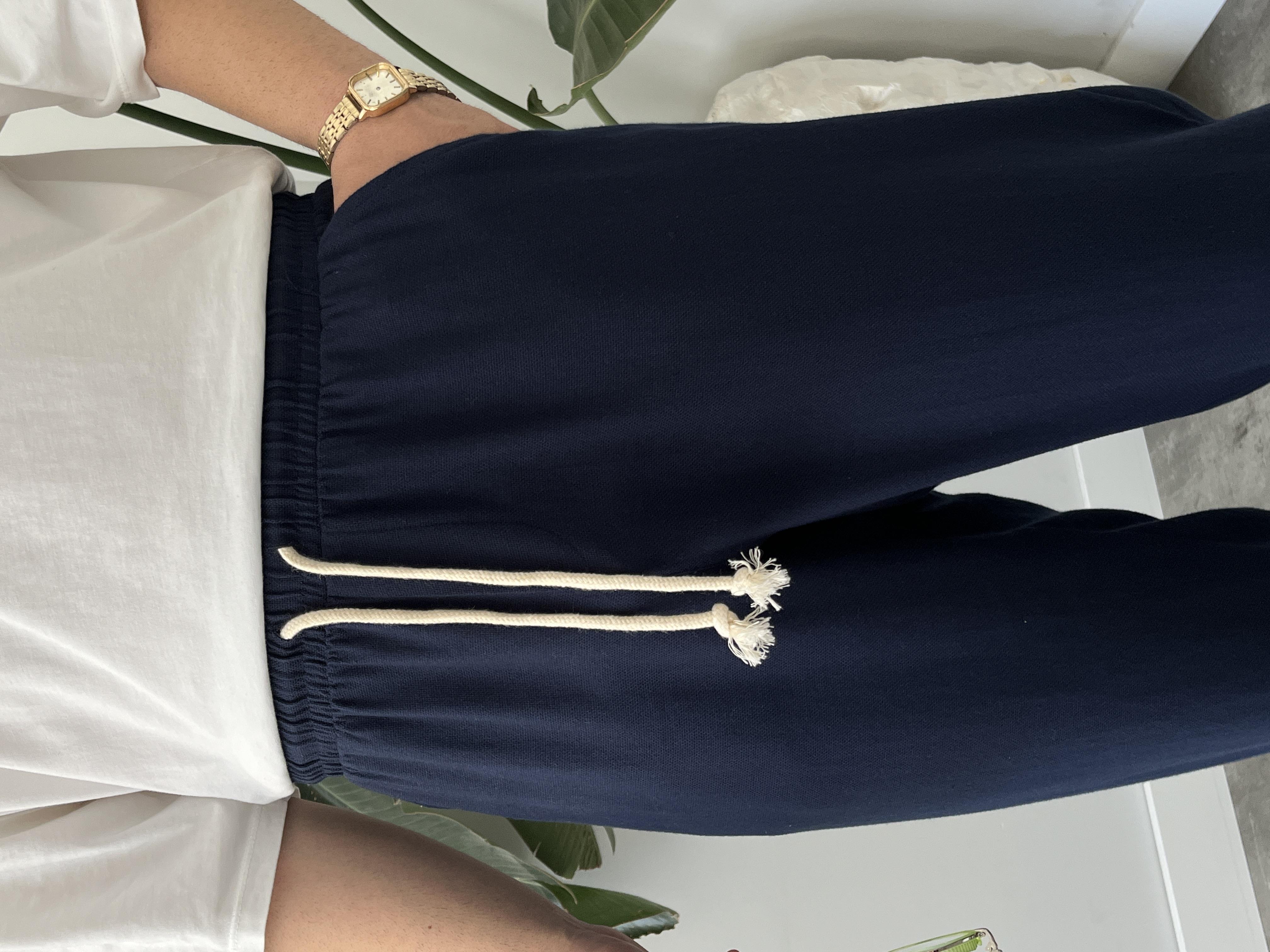 Lacivert Burgu Bağcık Detaylı Pamuk Keten Relax Fit Pantolon