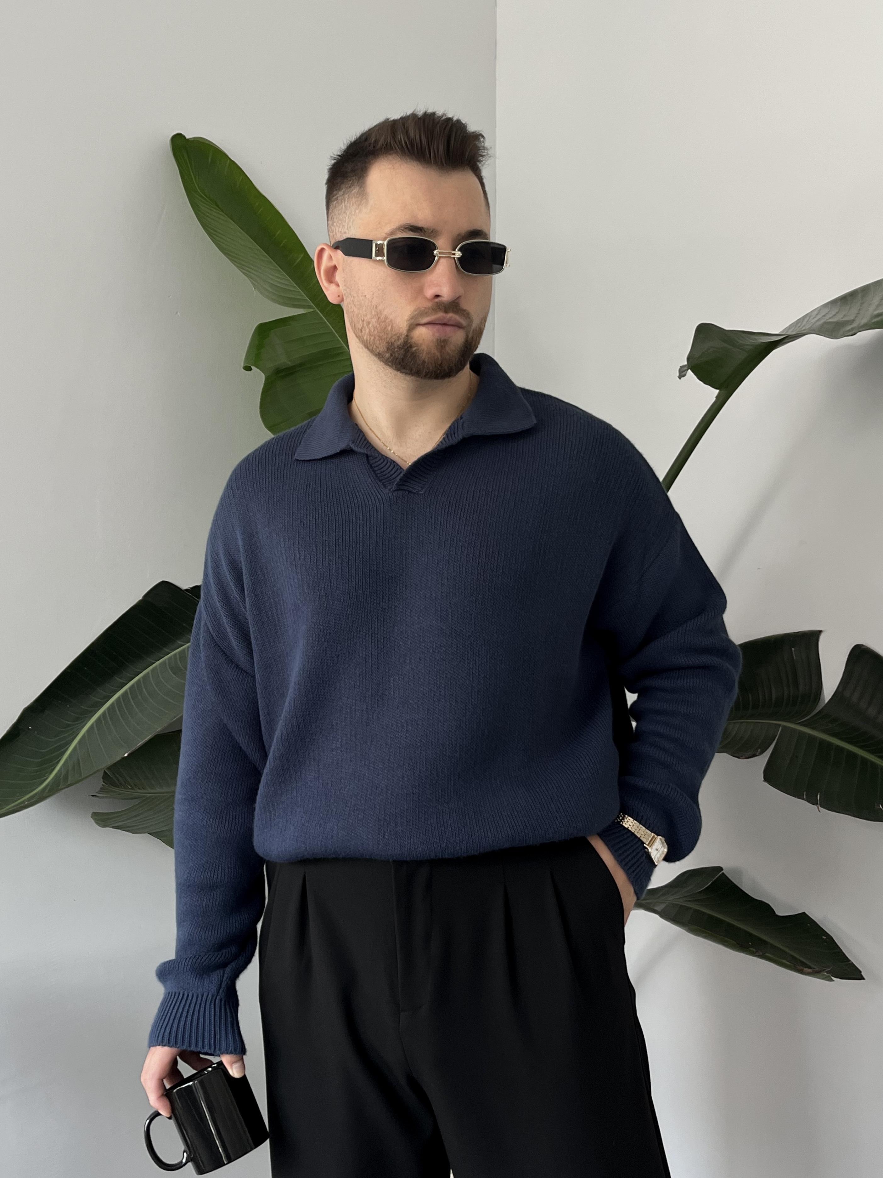 Lacivert Casual Polo Yaka Kazak