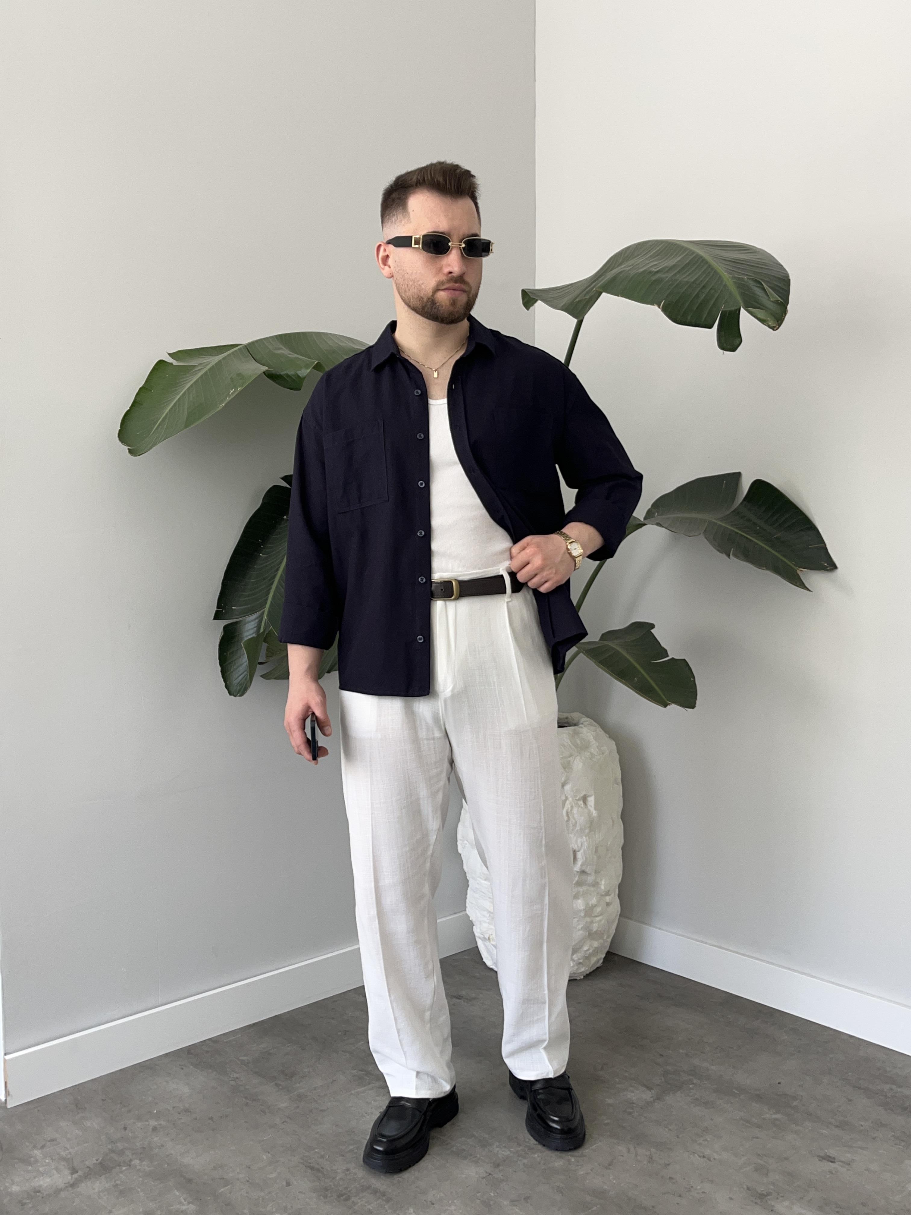 Lacivert Çift Cep Detaylı Gabardin Keten Gömlek