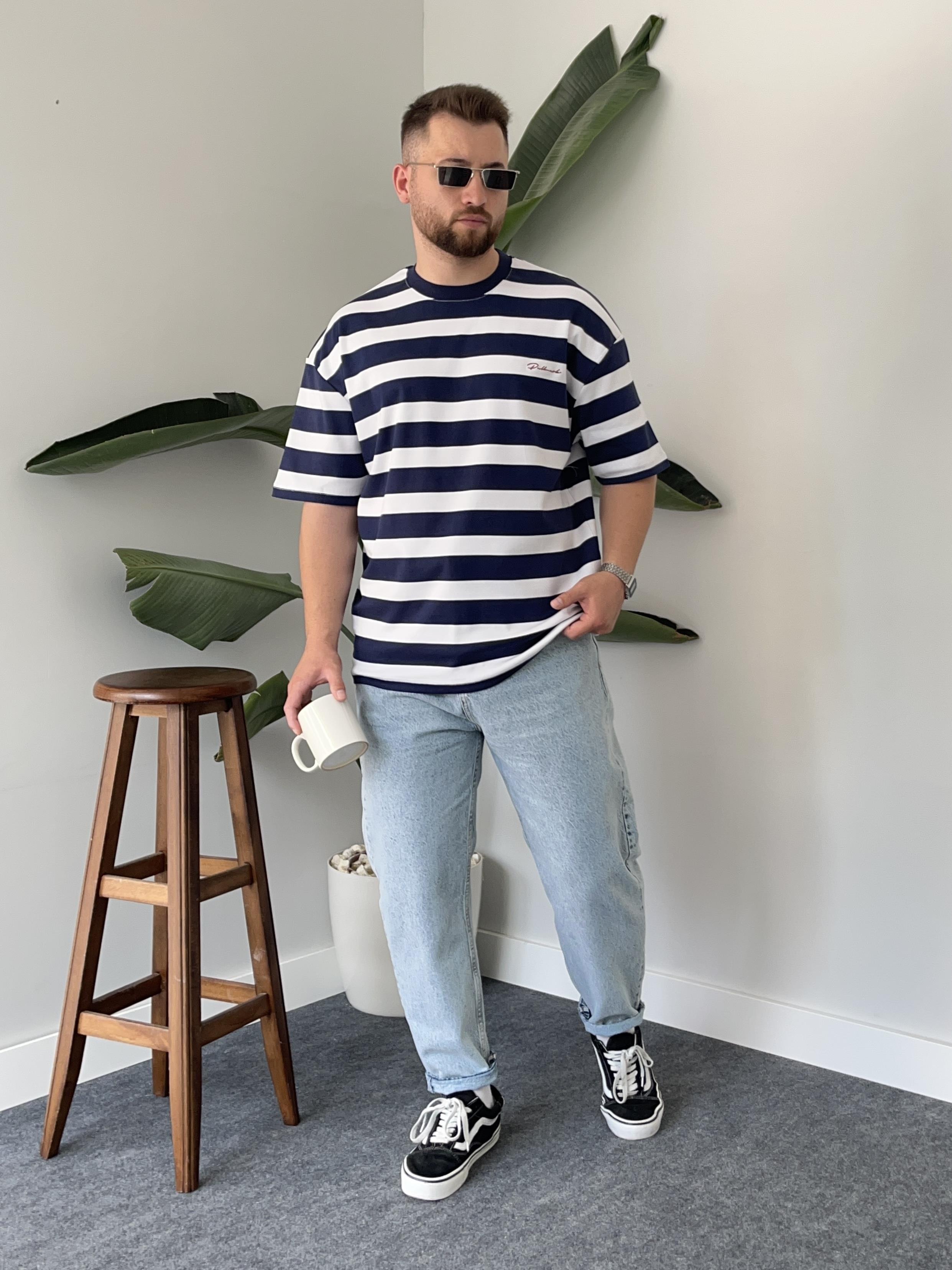Lacivert Çizgili Nakış Detay Oversize T-shirt