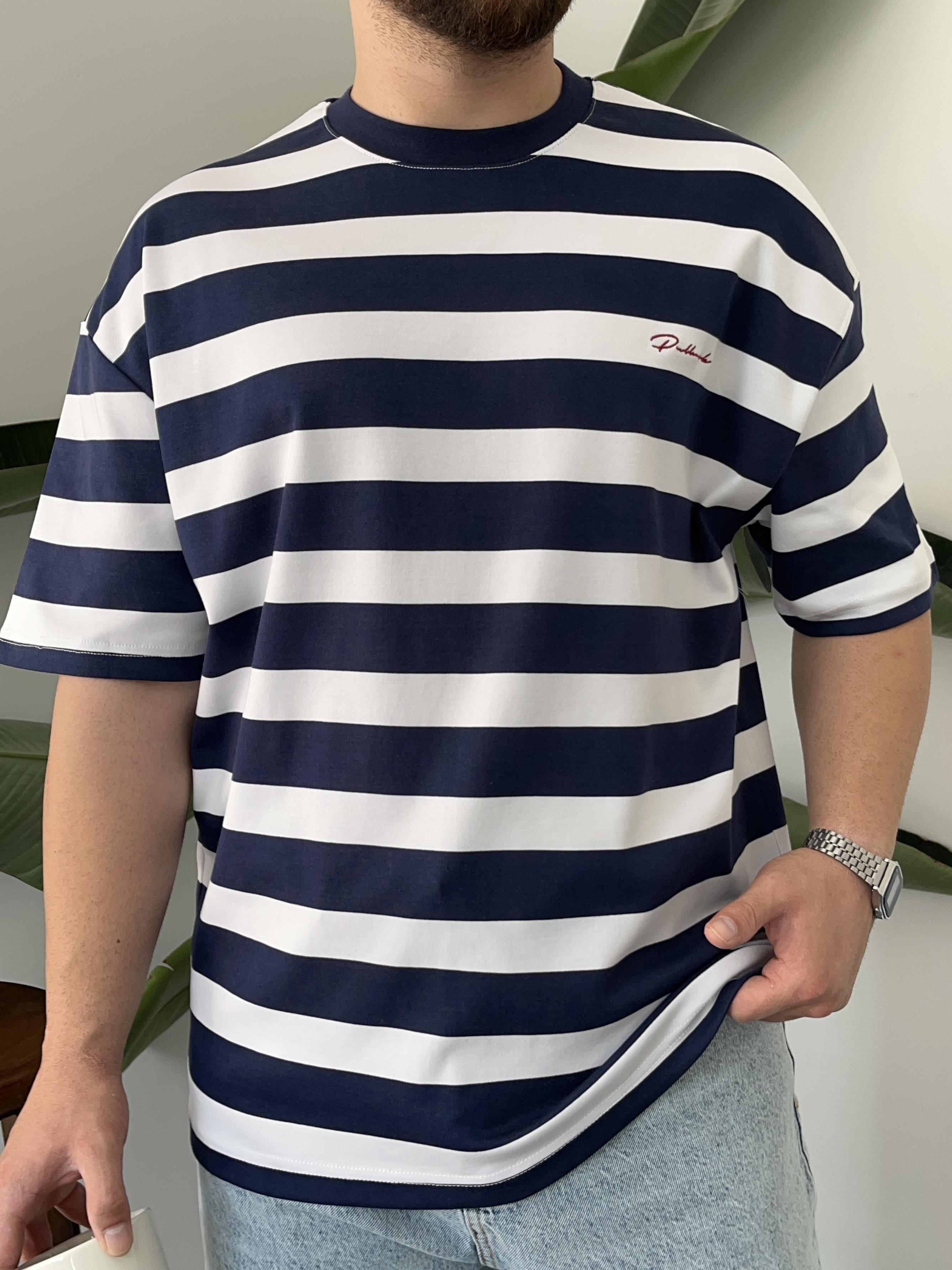 Lacivert Çizgili Nakış Detay Oversize T-shirt