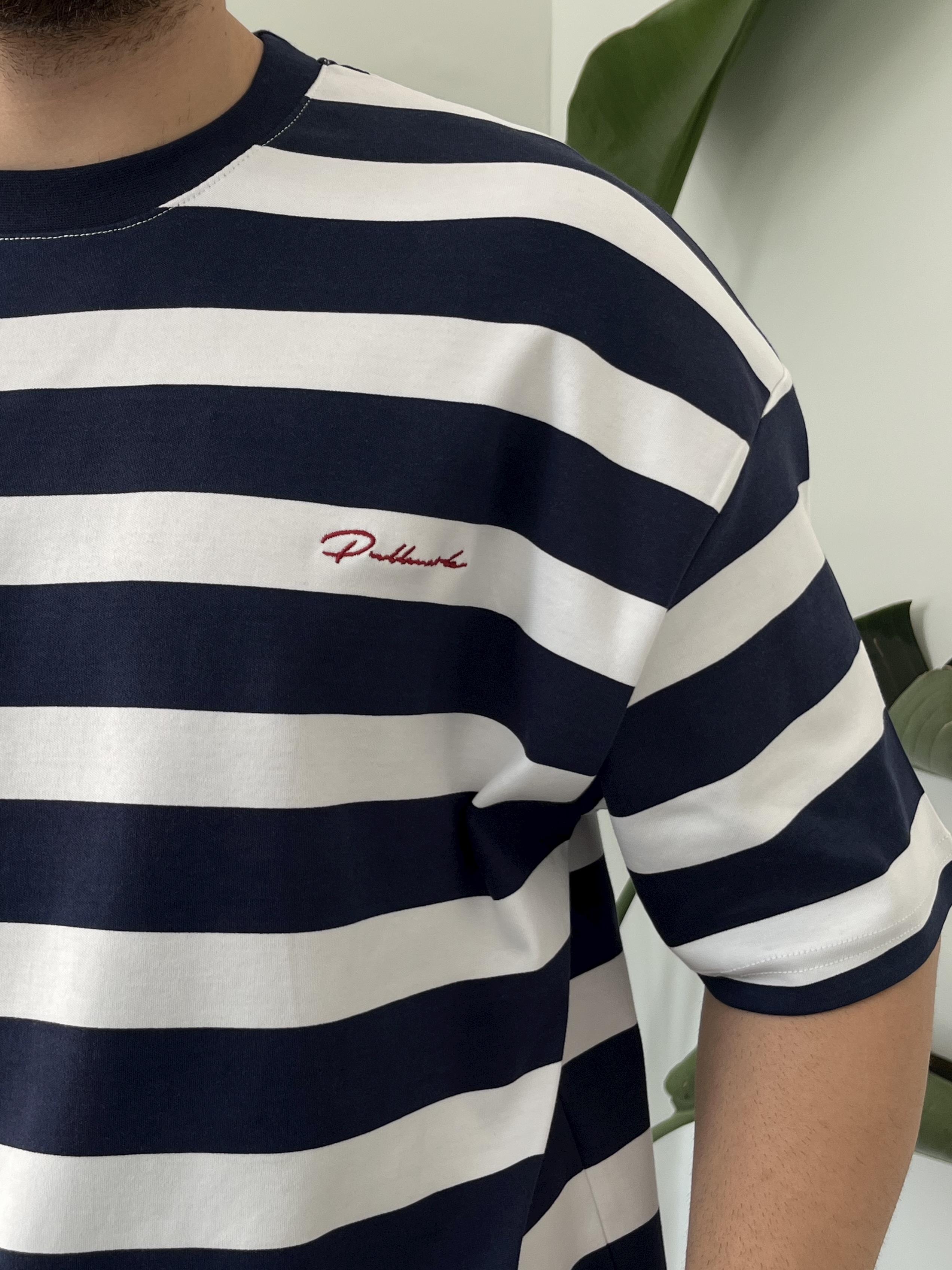 Lacivert Çizgili Nakış Detay Oversize T-shirt