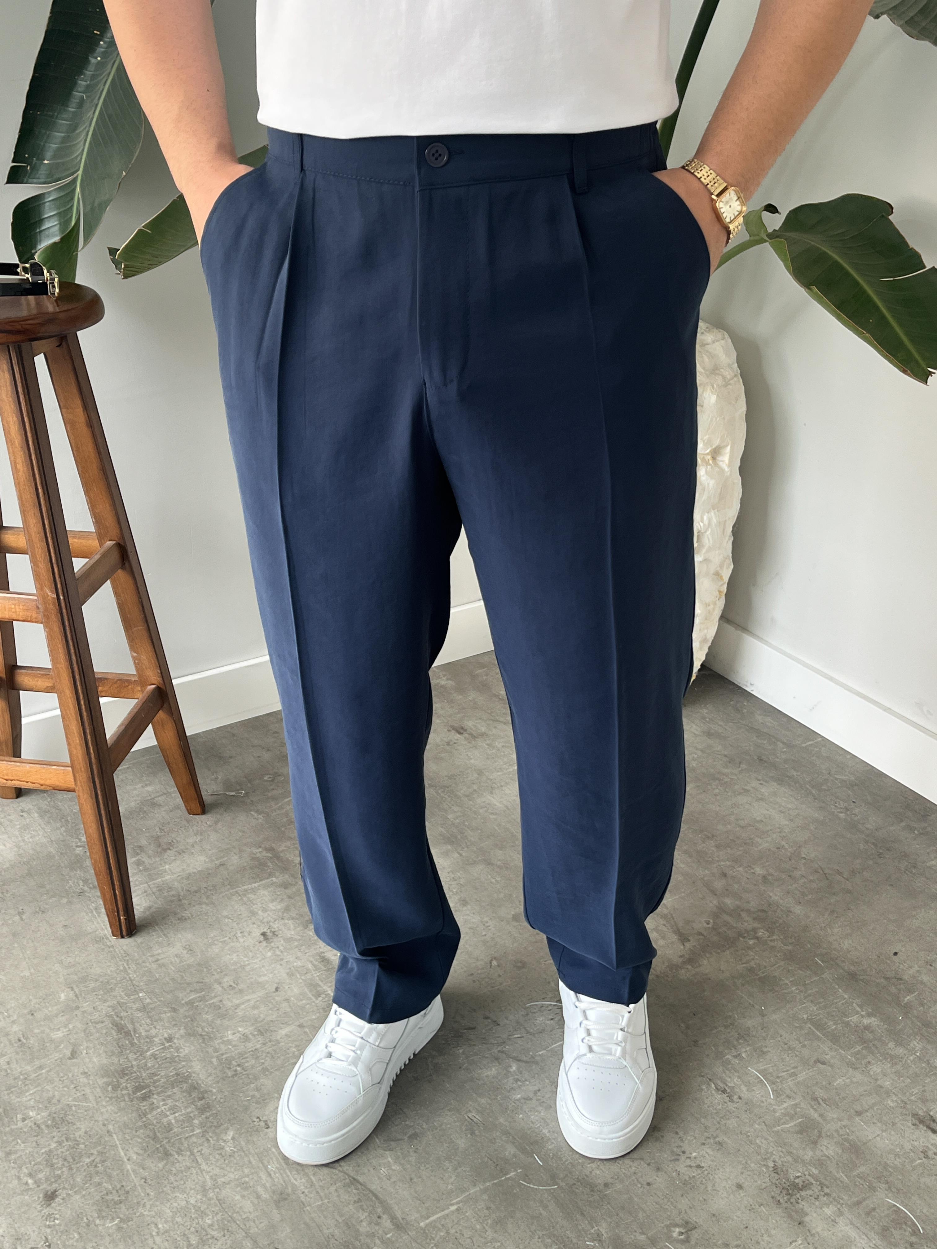 Lacivert Deluxe Pileli Modal Kumaş Baggy Pantolon