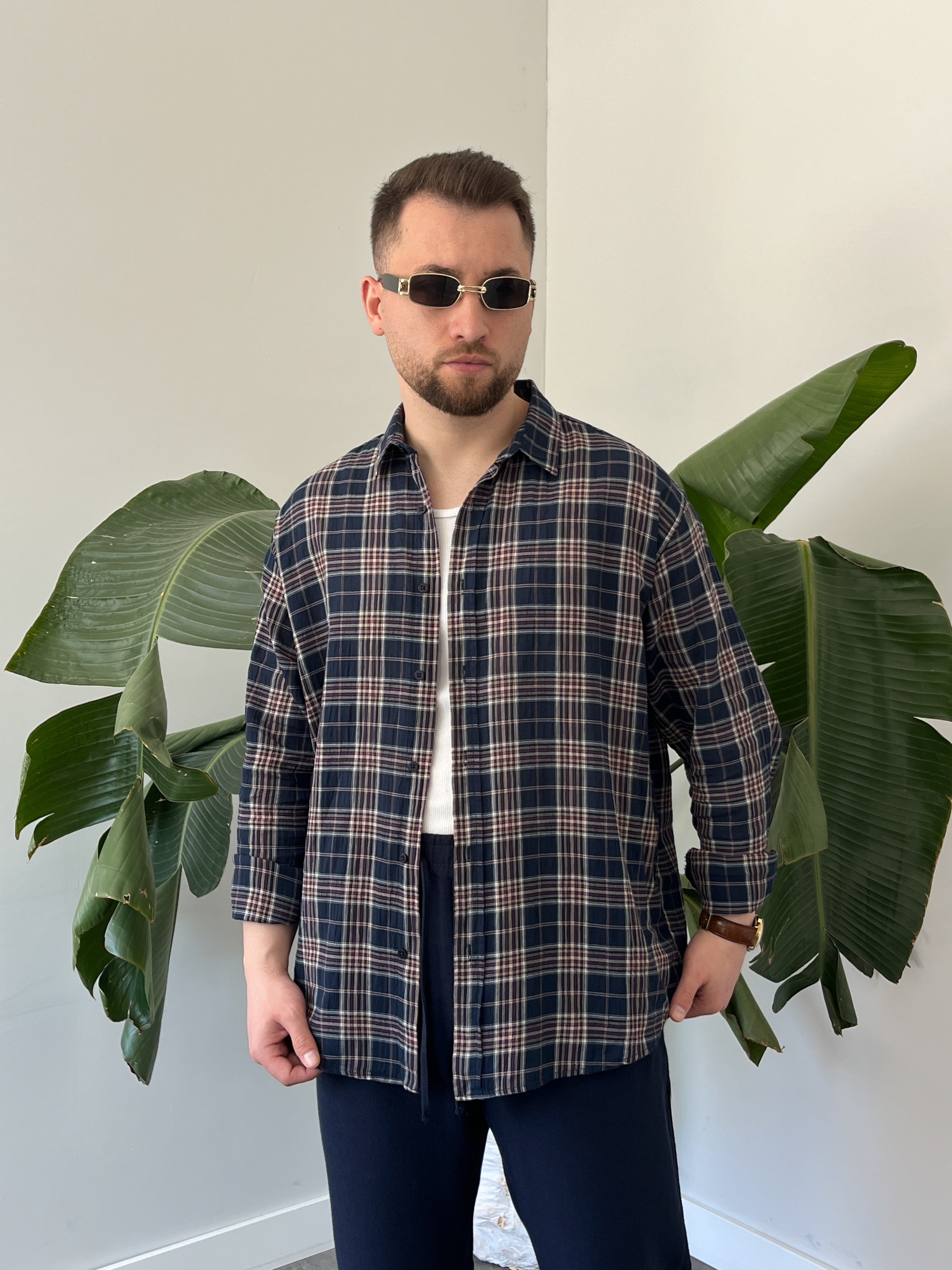 Lacivert Ekose Oversize Gömlek