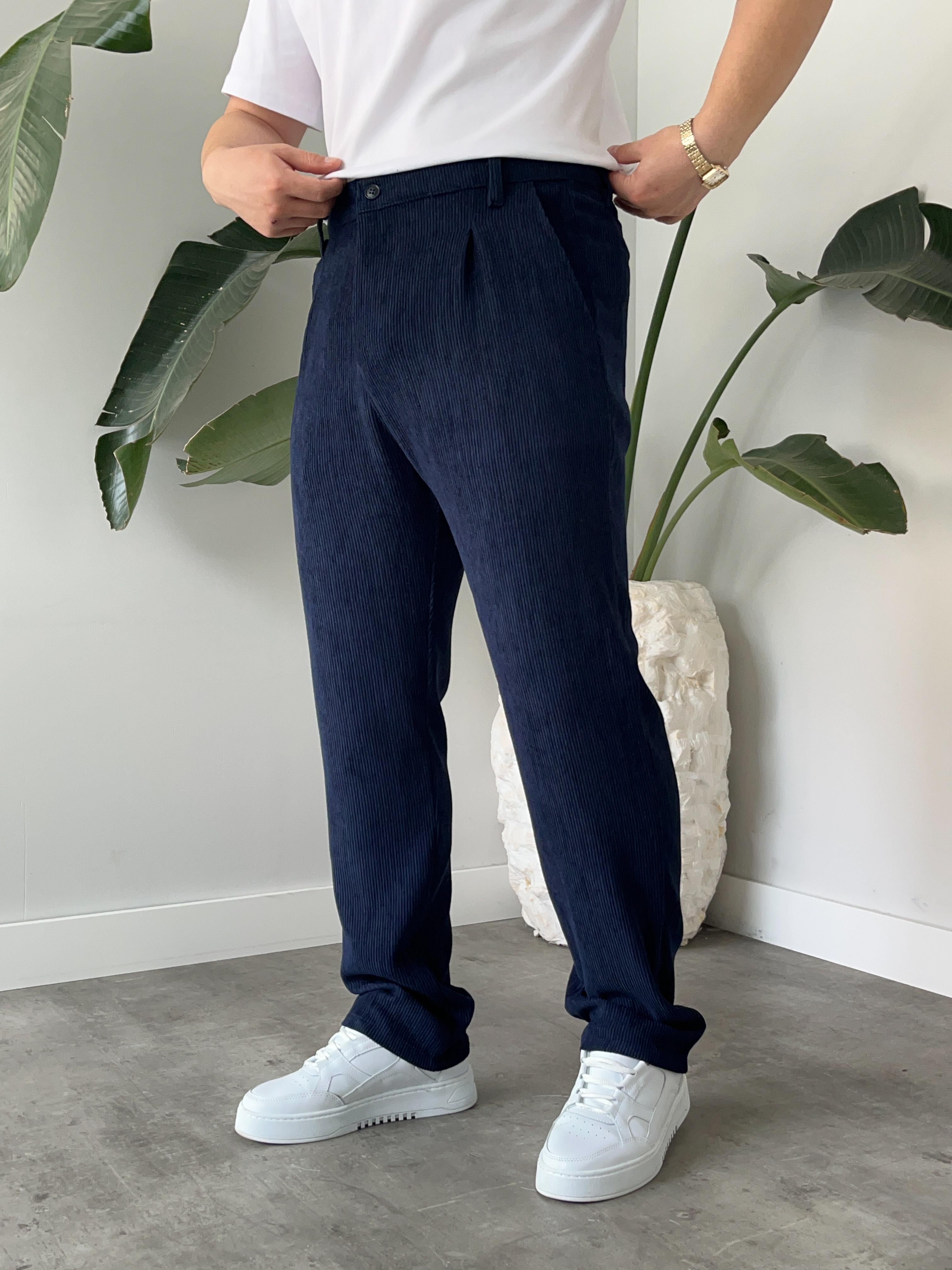 Lacivert Fitilli Kadife Baggy Pantolon