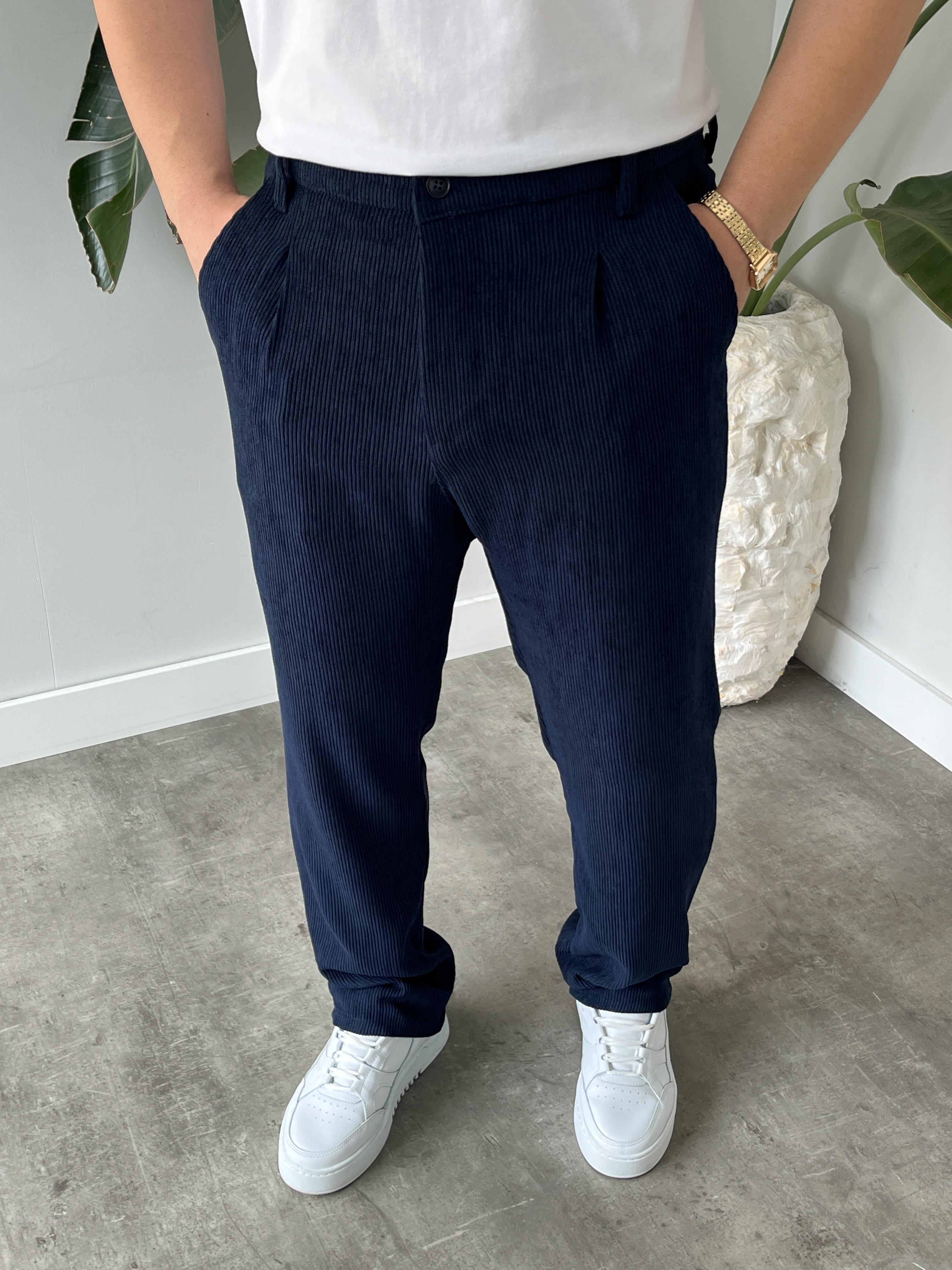 Lacivert Fitilli Kadife Baggy Pantolon