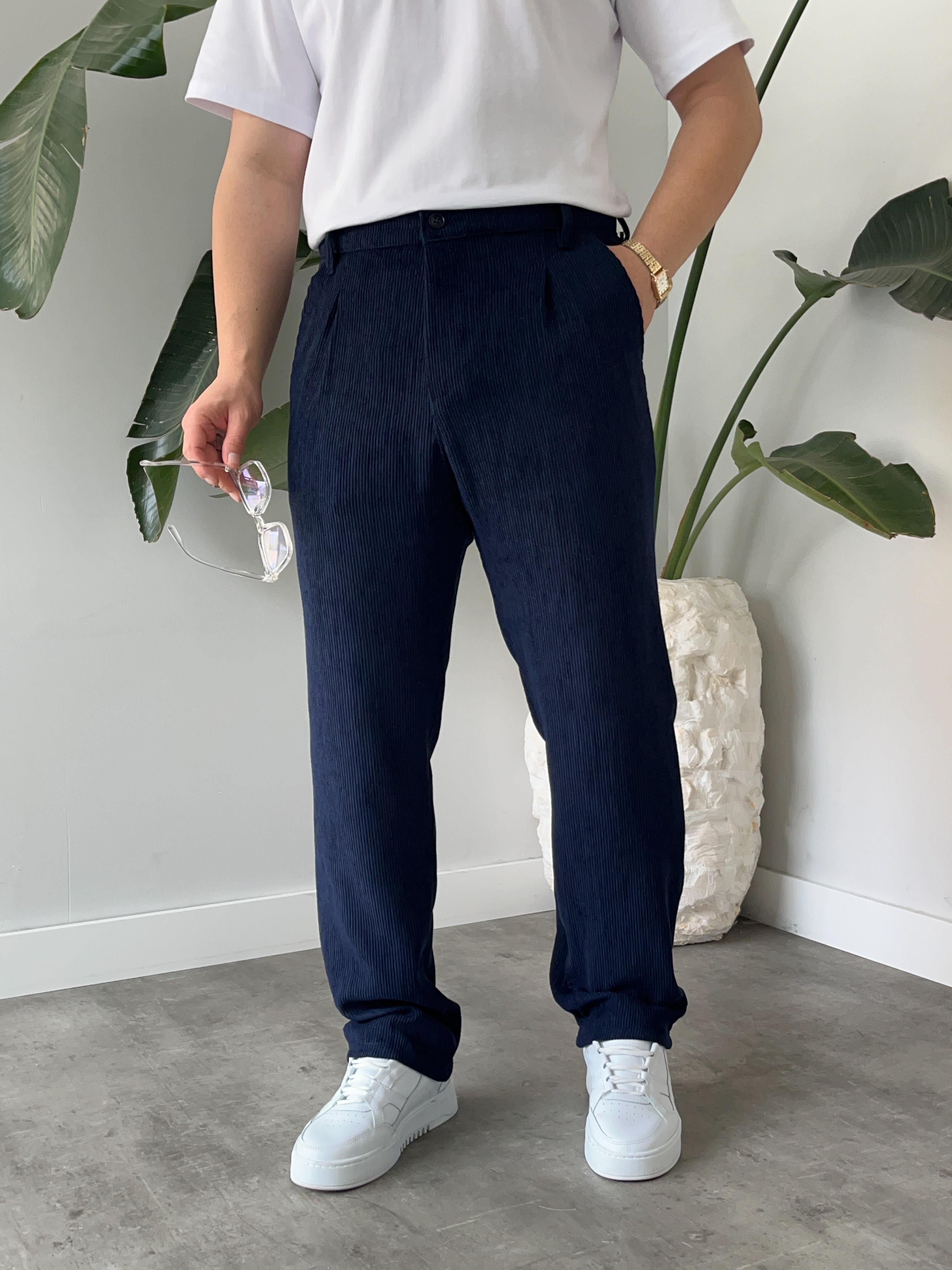Lacivert Fitilli Kadife Baggy Pantolon