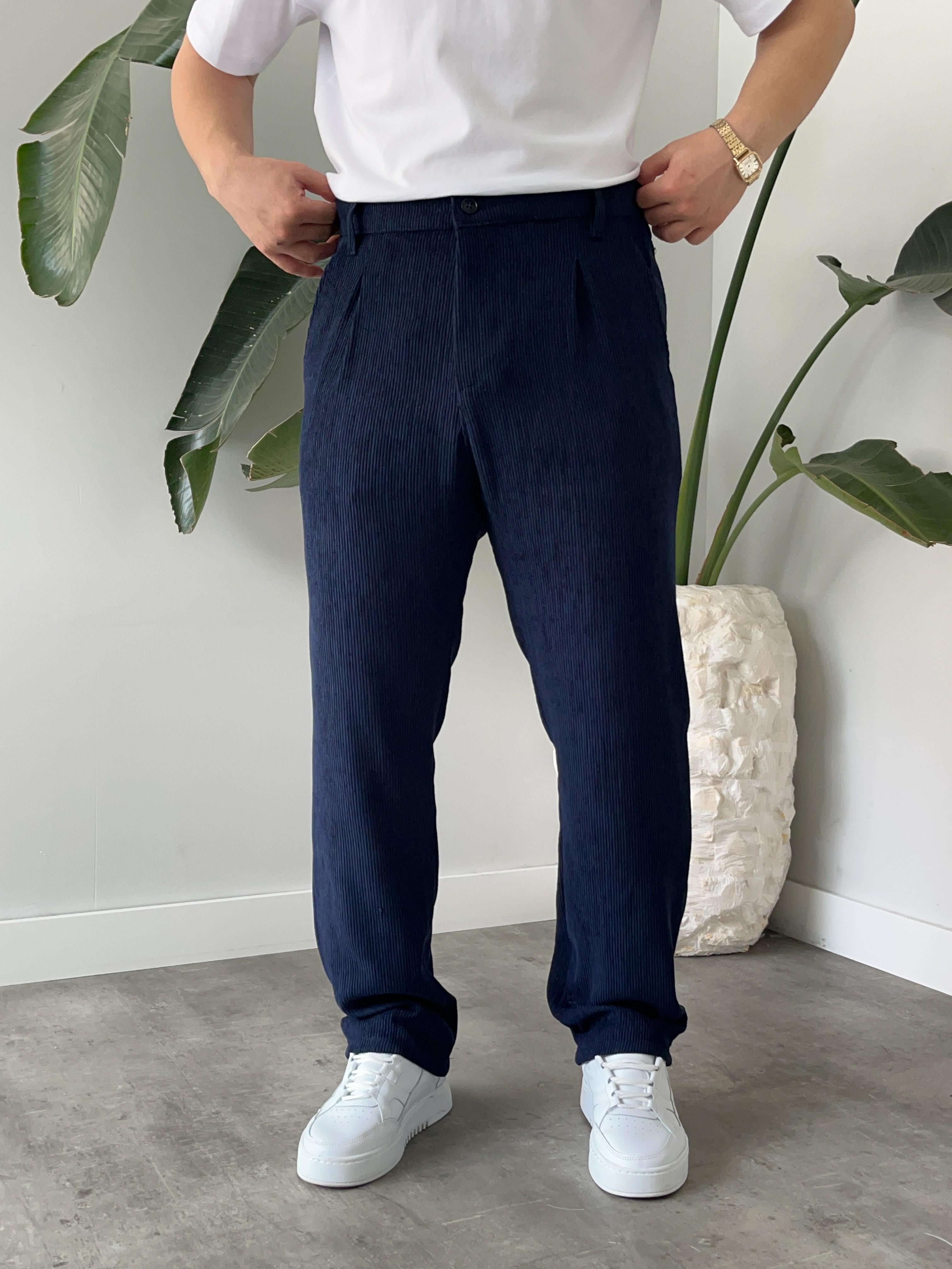 Lacivert Fitilli Kadife Baggy Pantolon