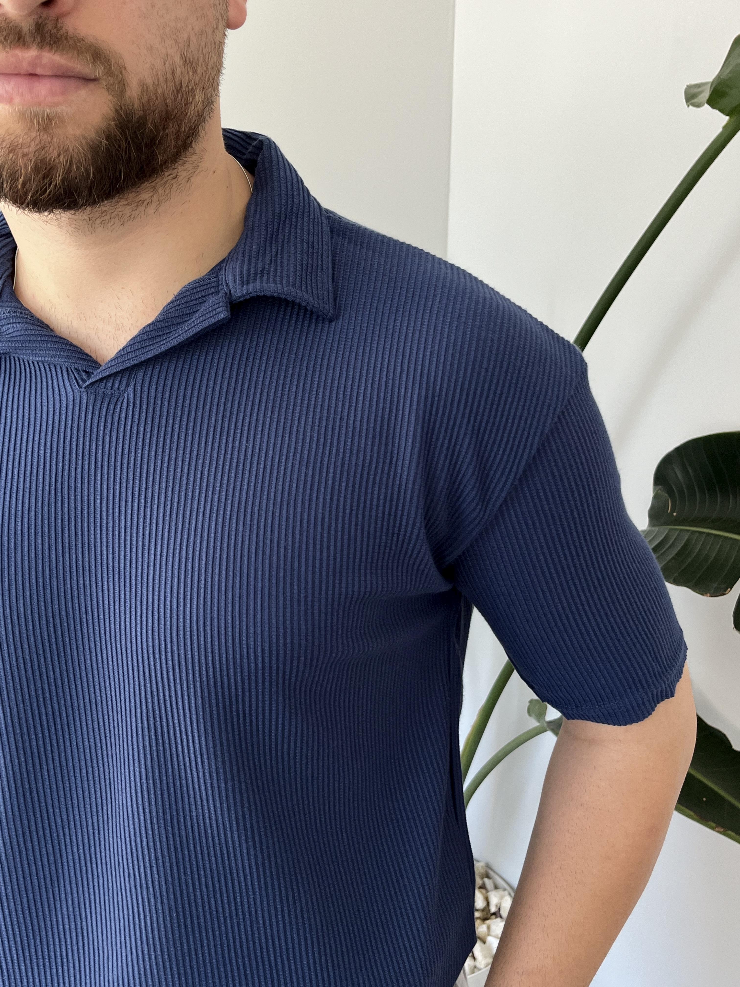 Lacivert Fitilli Polo Yaka T-shirt