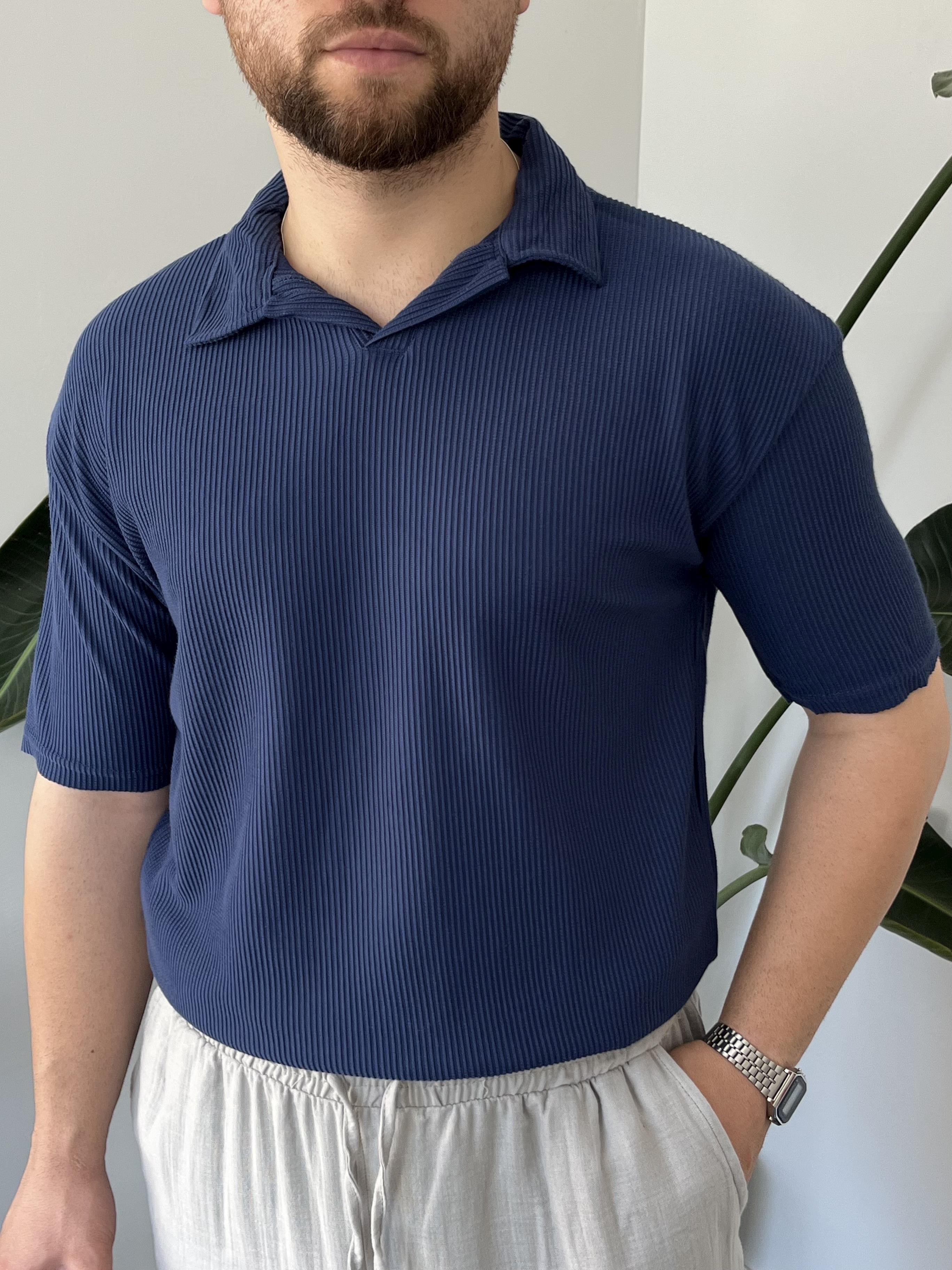 Lacivert Fitilli Polo Yaka T-shirt