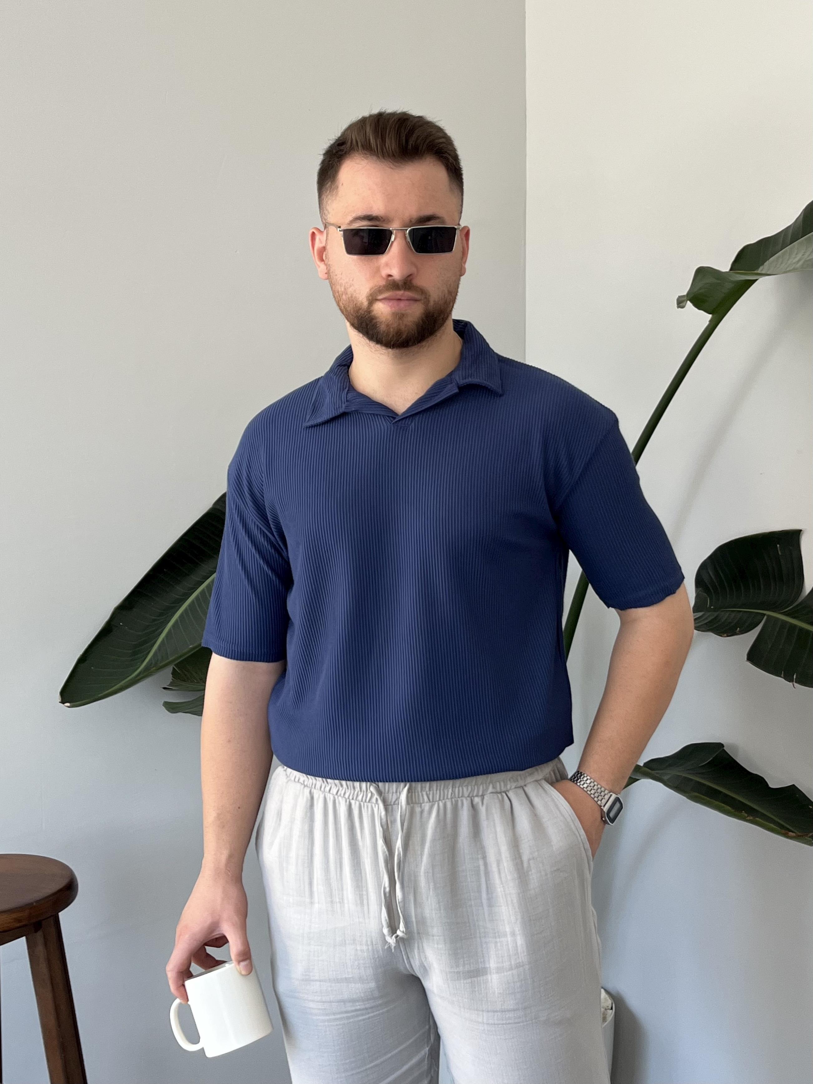Lacivert Fitilli Polo Yaka T-shirt