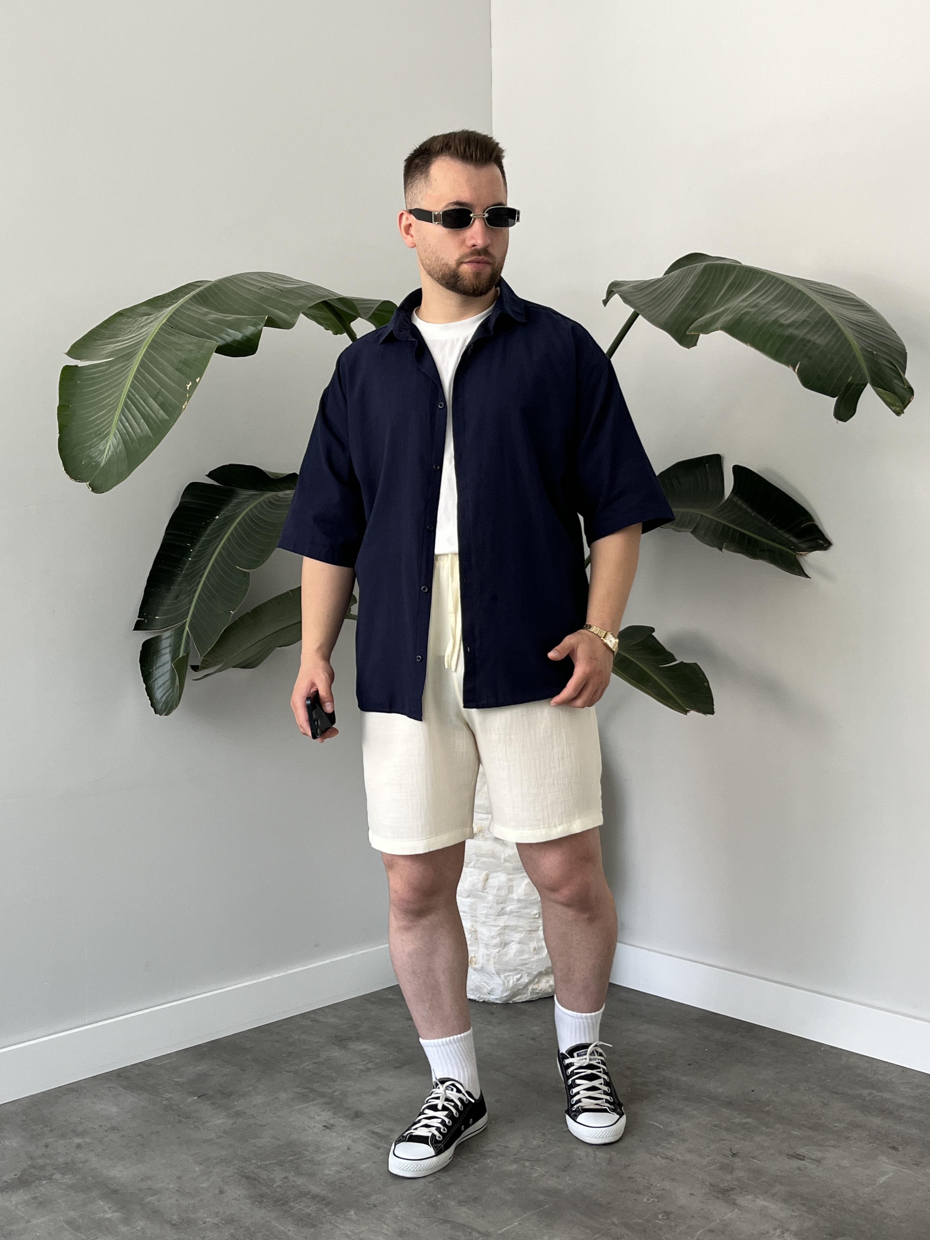 Lacivert Fresh Keten Oversize Gömlek