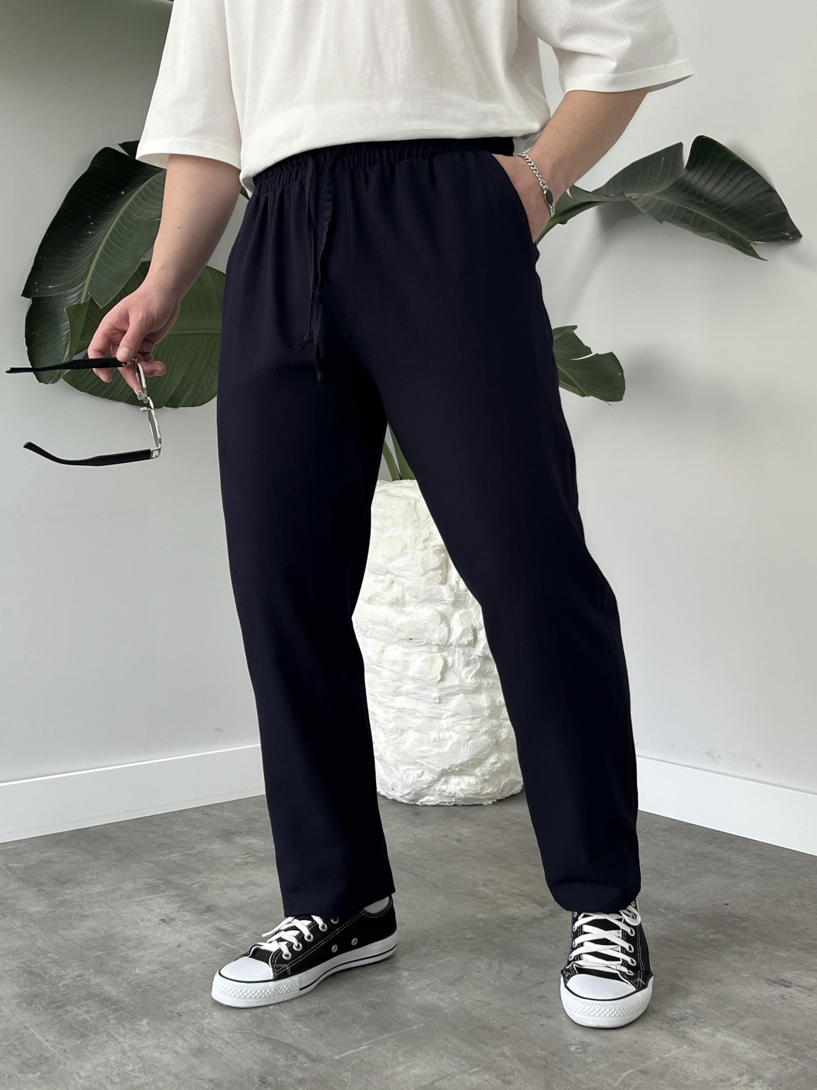 Lacivert Gabardin Keten Baggy Pantolon