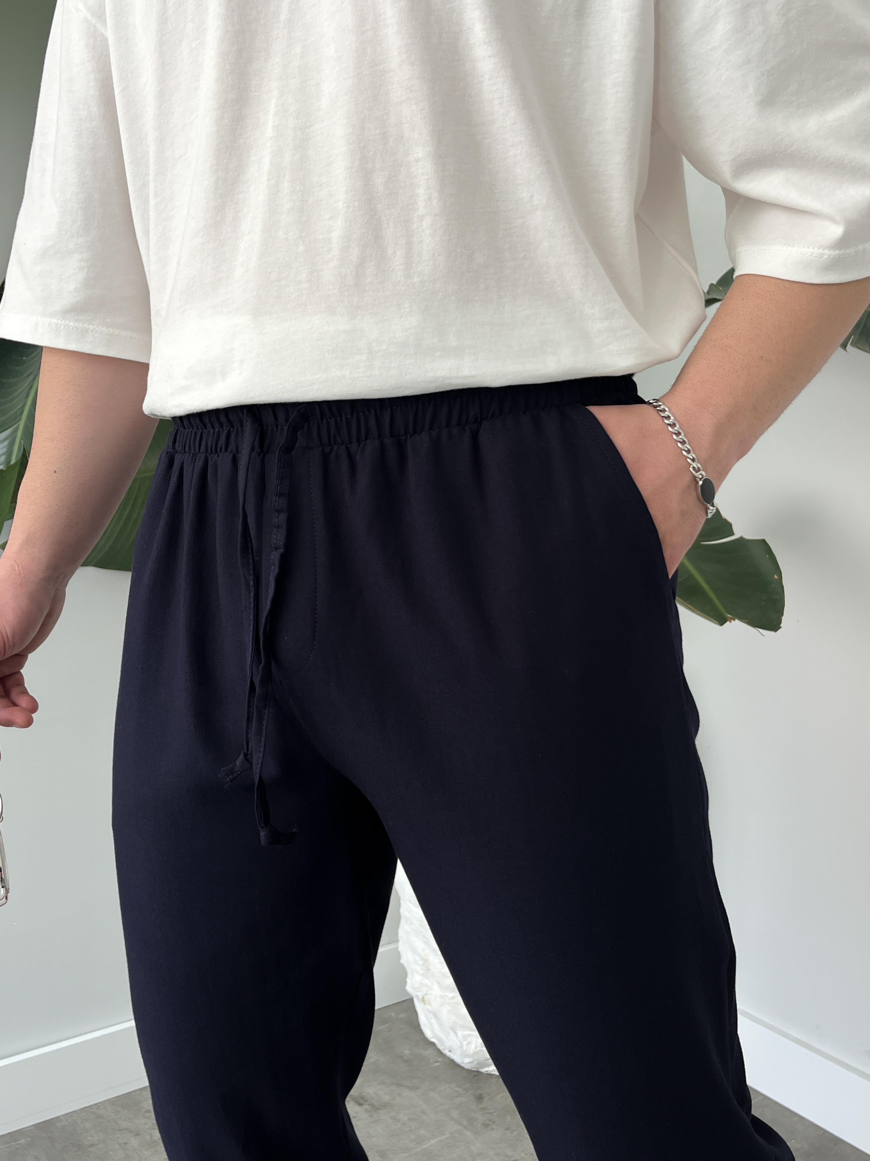 Lacivert Gabardin Keten Baggy Pantolon