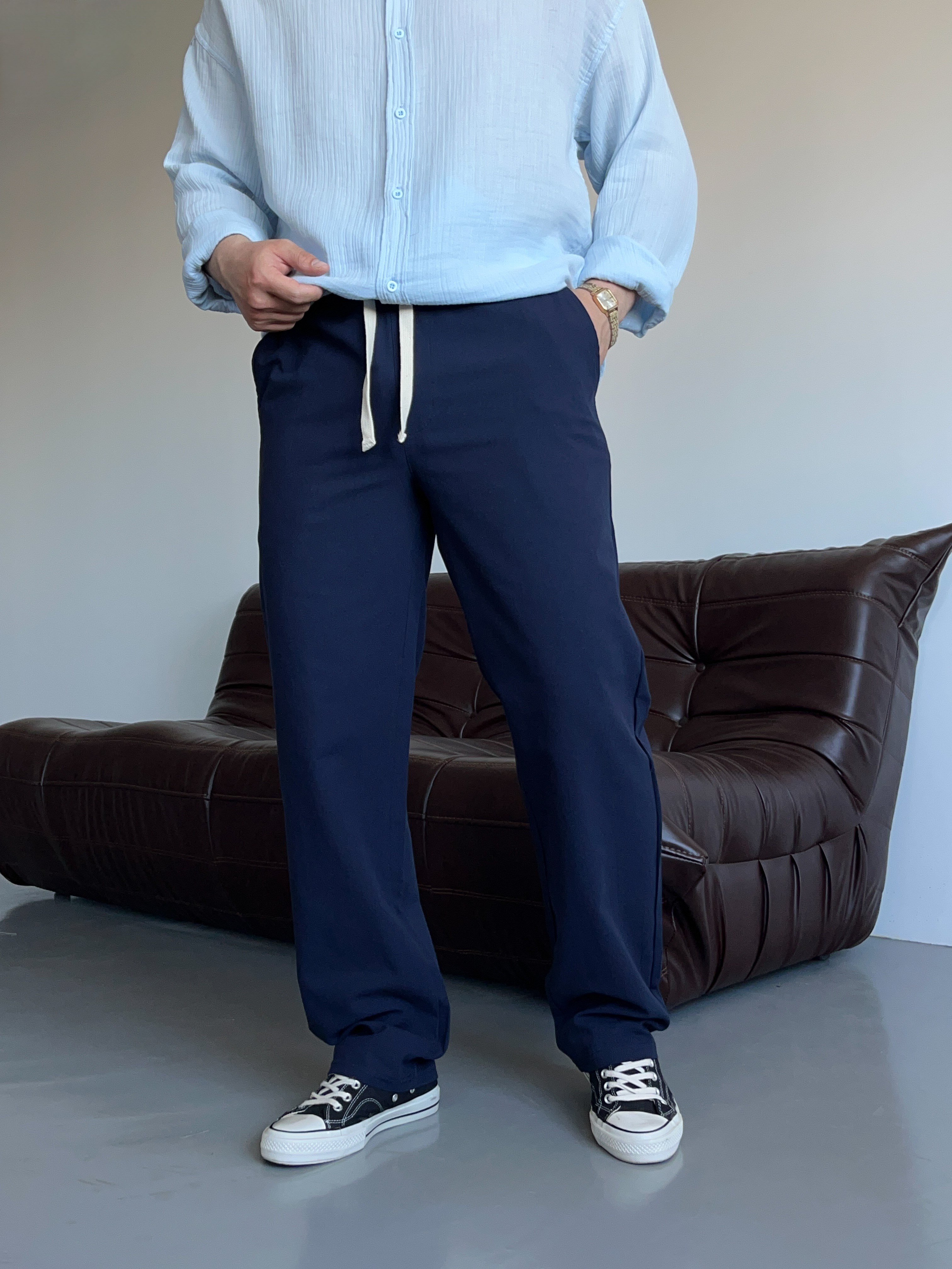 Lacivert Lizalı Pamuk Keten Baggy Pantolon