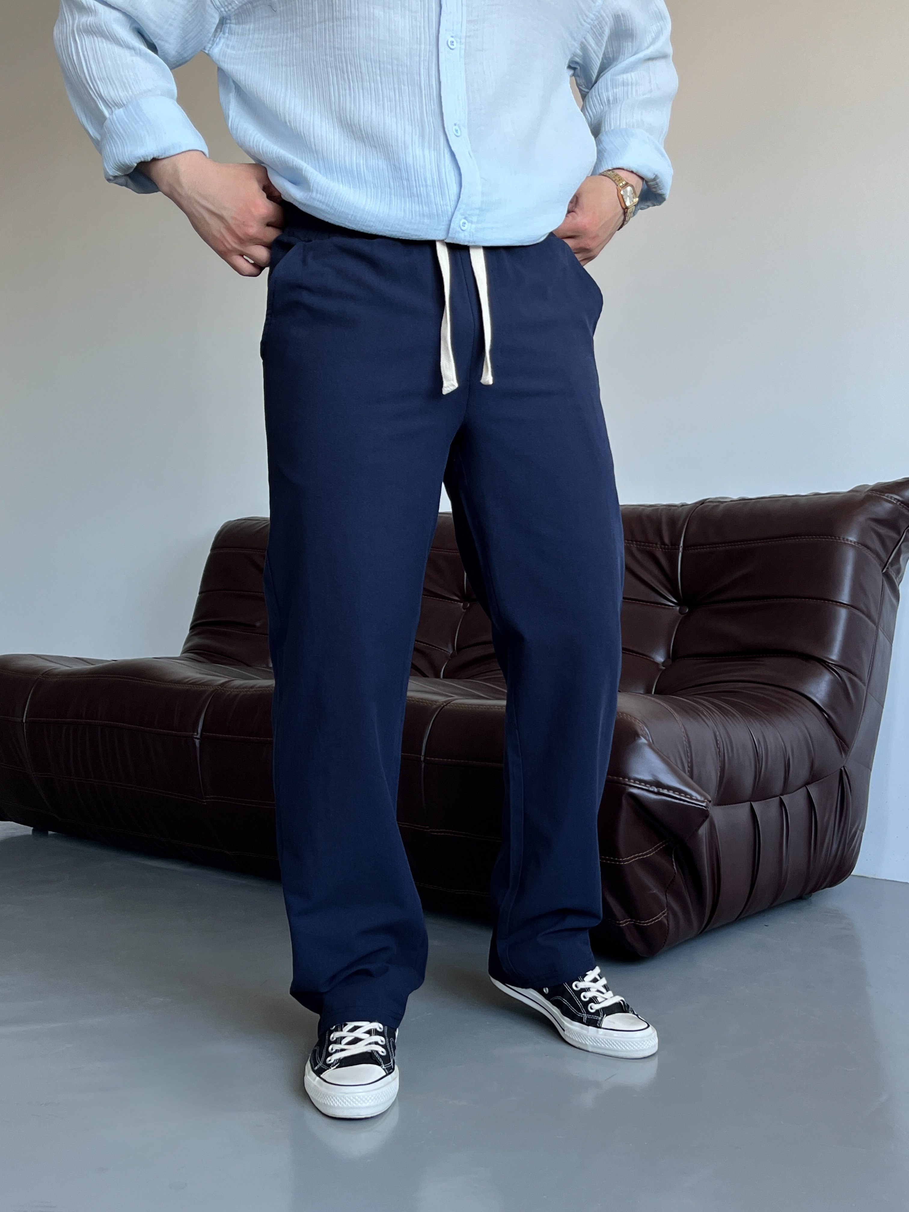Lacivert Lizalı Pamuk Keten Baggy Pantolon