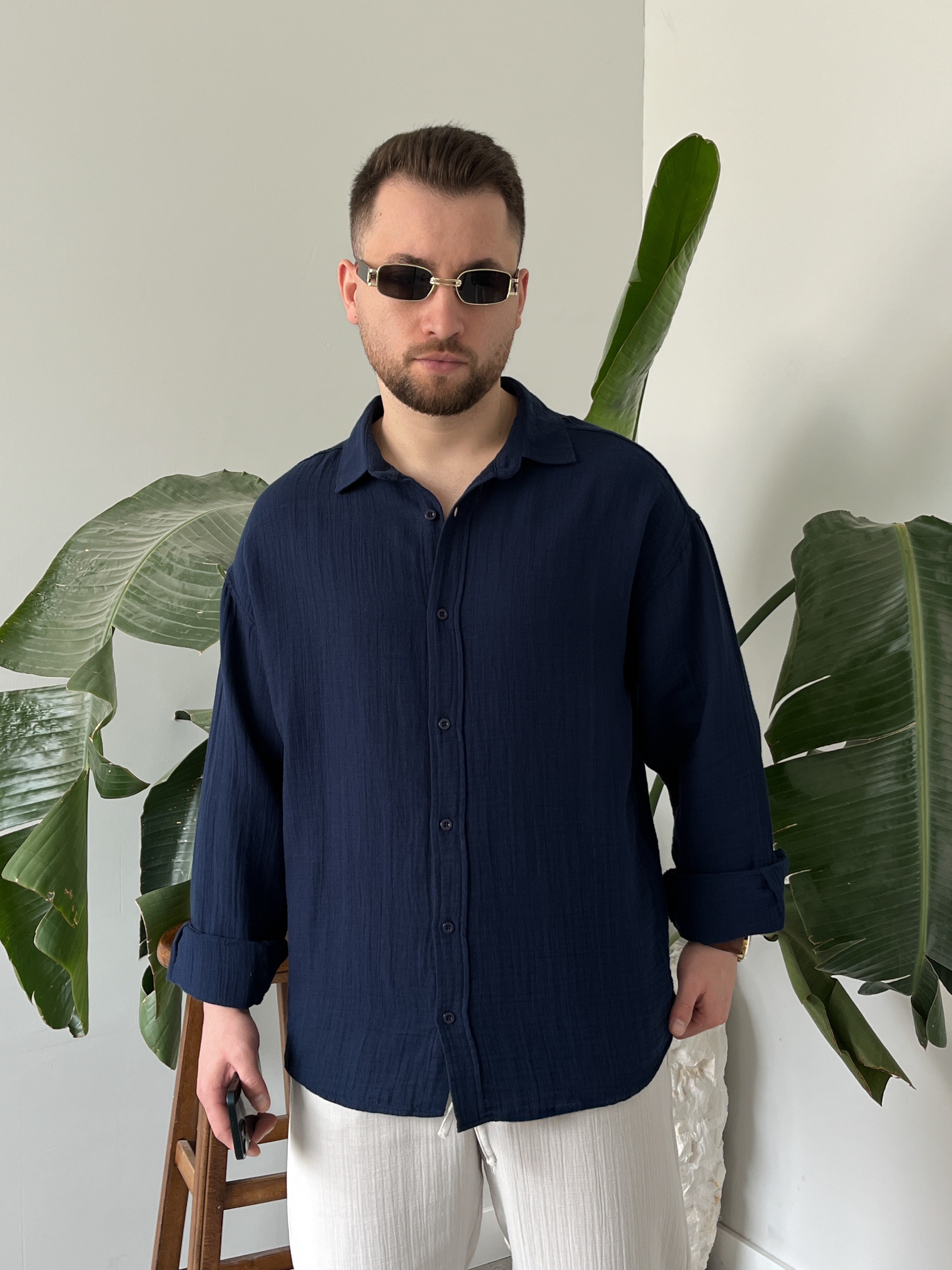 Lacivert Premium Müslin Dokulu Oversize Gömlek