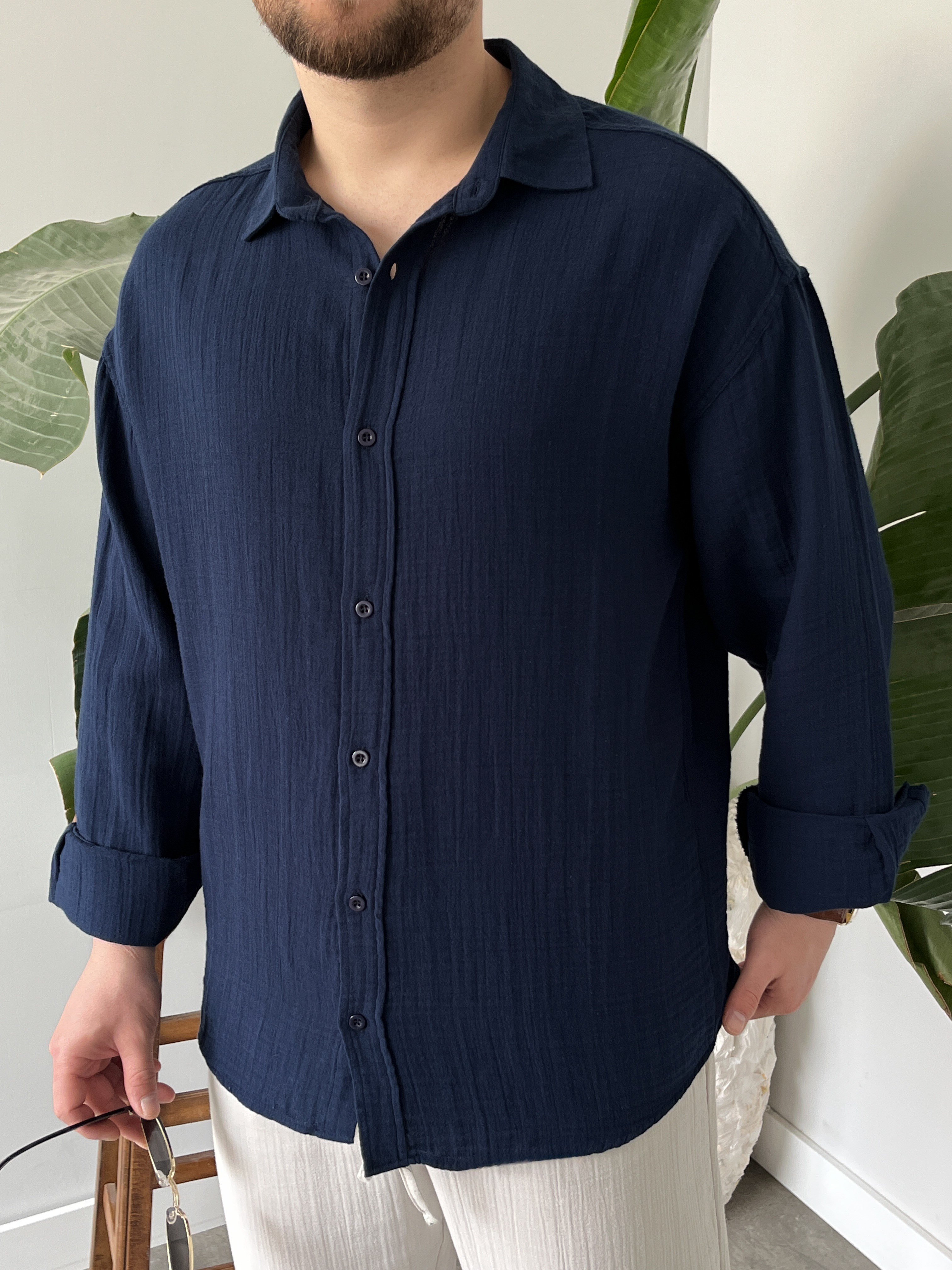 Lacivert Premium Müslin Dokulu Oversize Gömlek