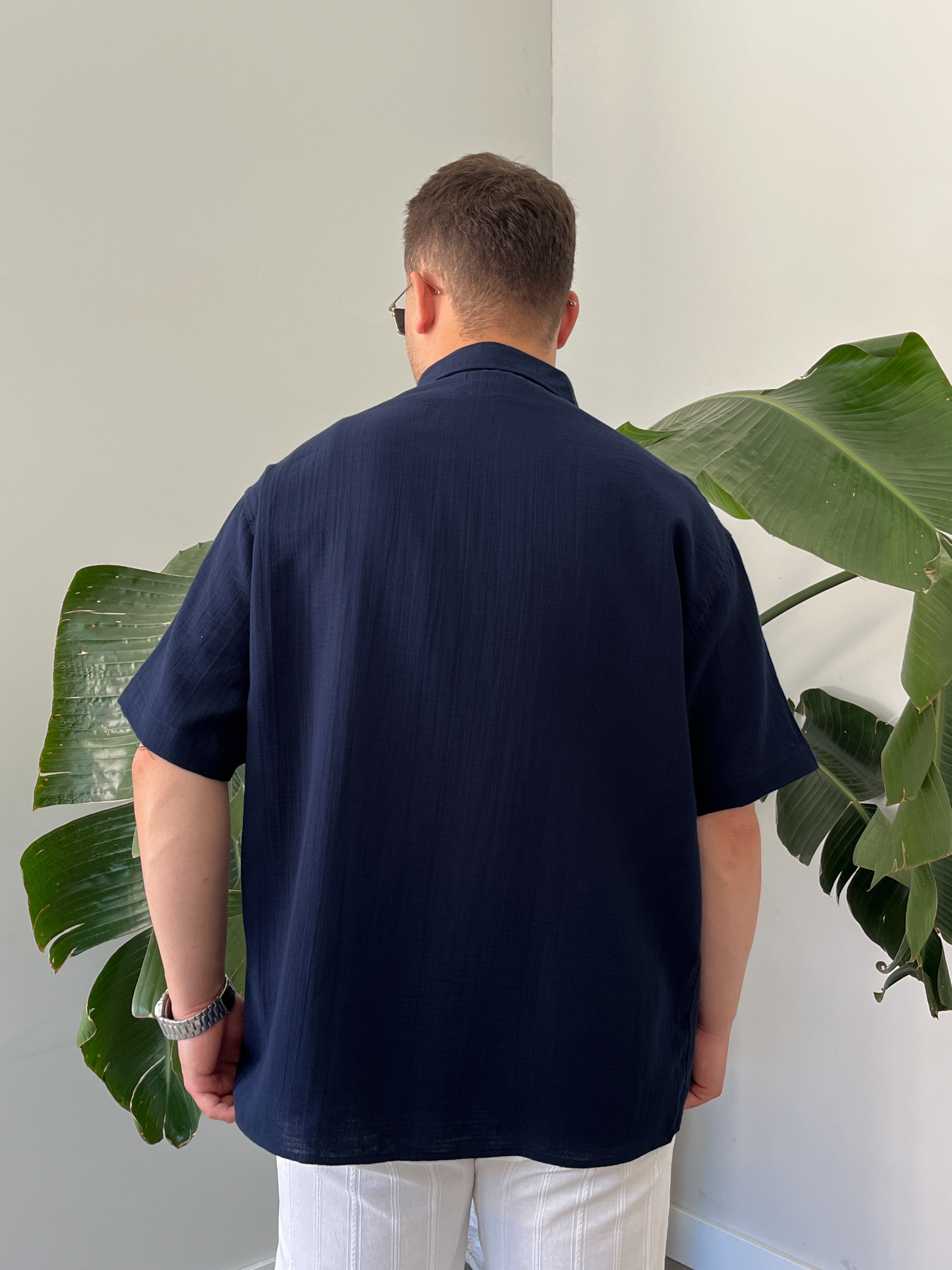 Lacivert Müslin Kısa Kollu Oversize Gömlek