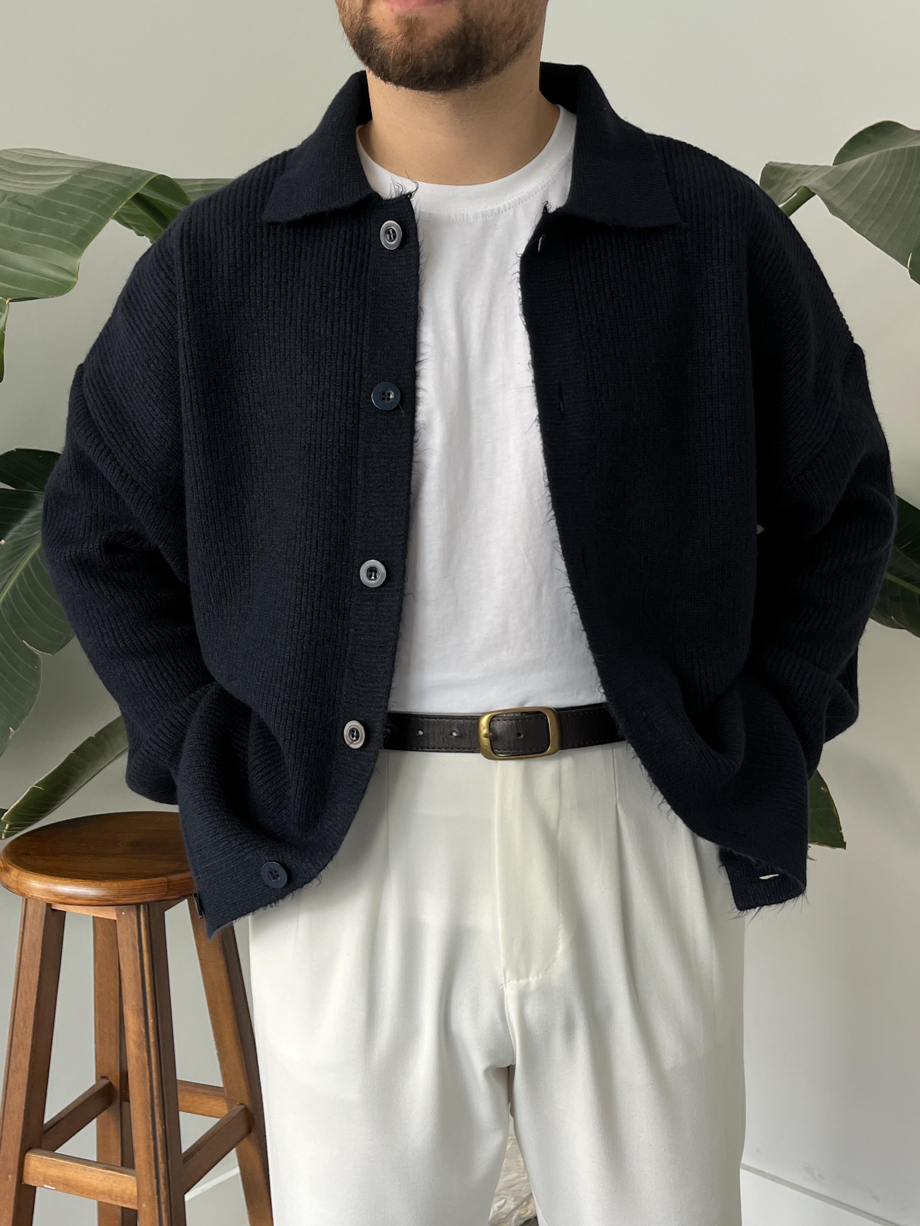 Lacivert Örme Düğmeli Polo Yaka Oversize Hırka