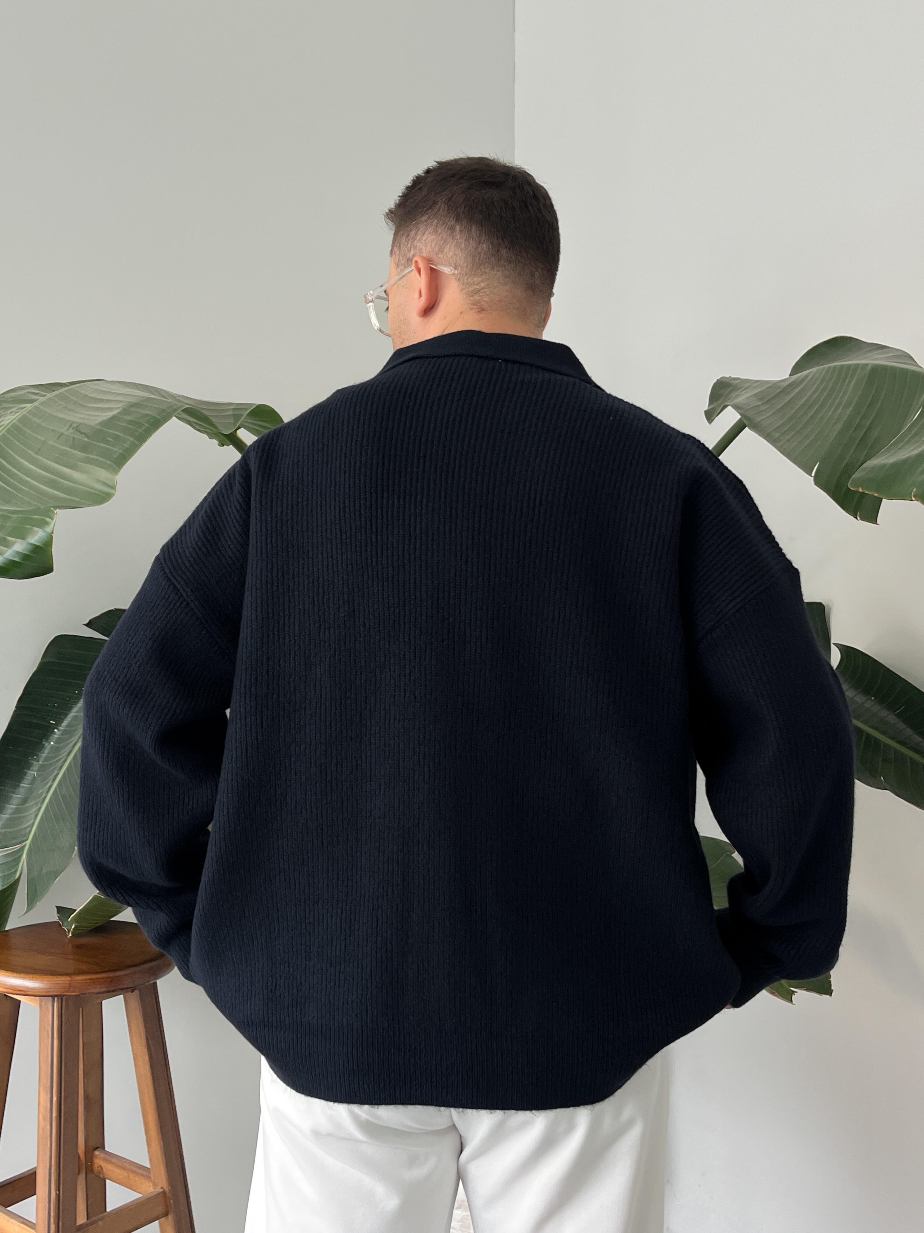 Lacivert Örme Düğmeli Polo Yaka Oversize Hırka
