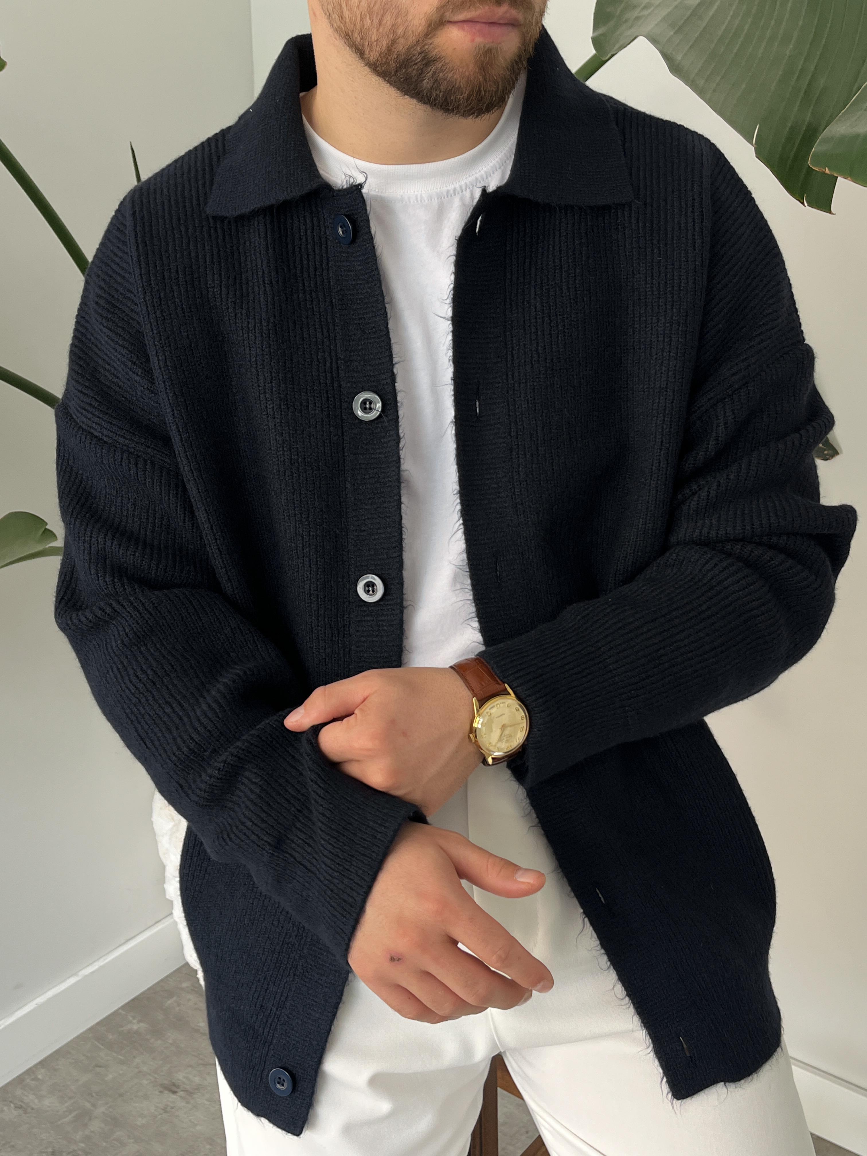 Lacivert Örme Düğmeli Polo Yaka Oversize Hırka