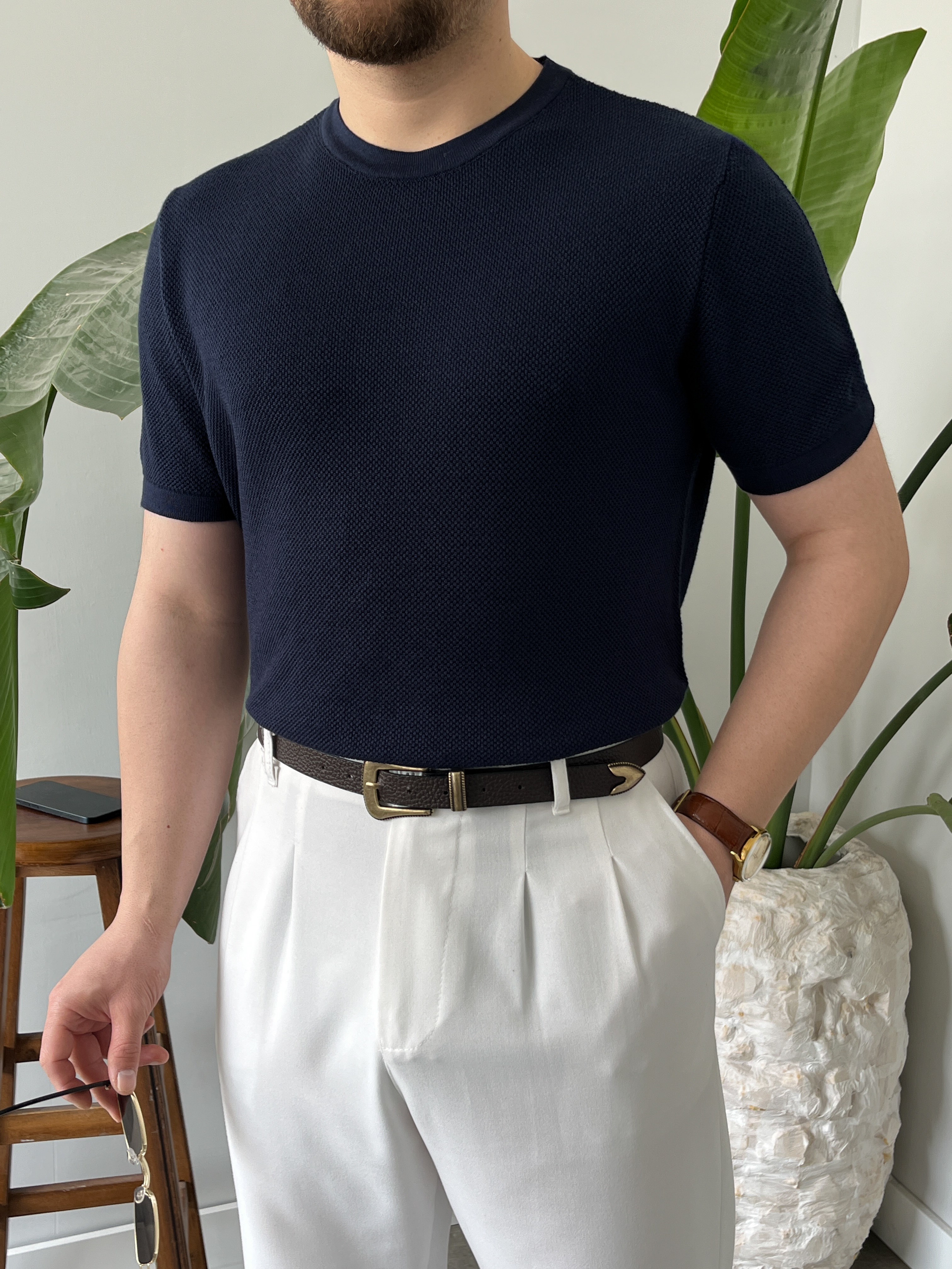 Lacivert Pirinç Örgü Triko T-shirt