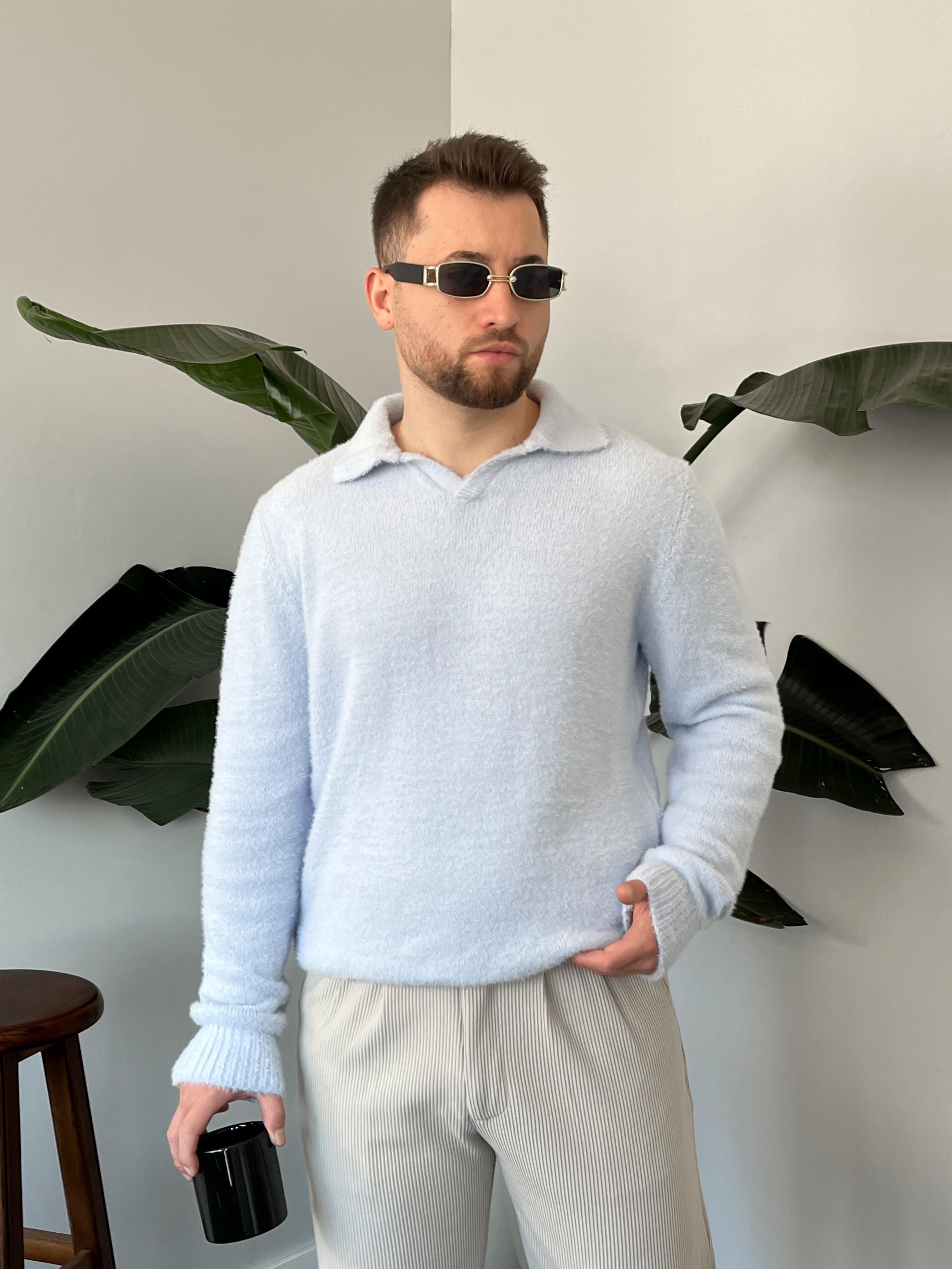 Luxe Buz Mavi Polo Yaka Fluffy Örgü Kazak