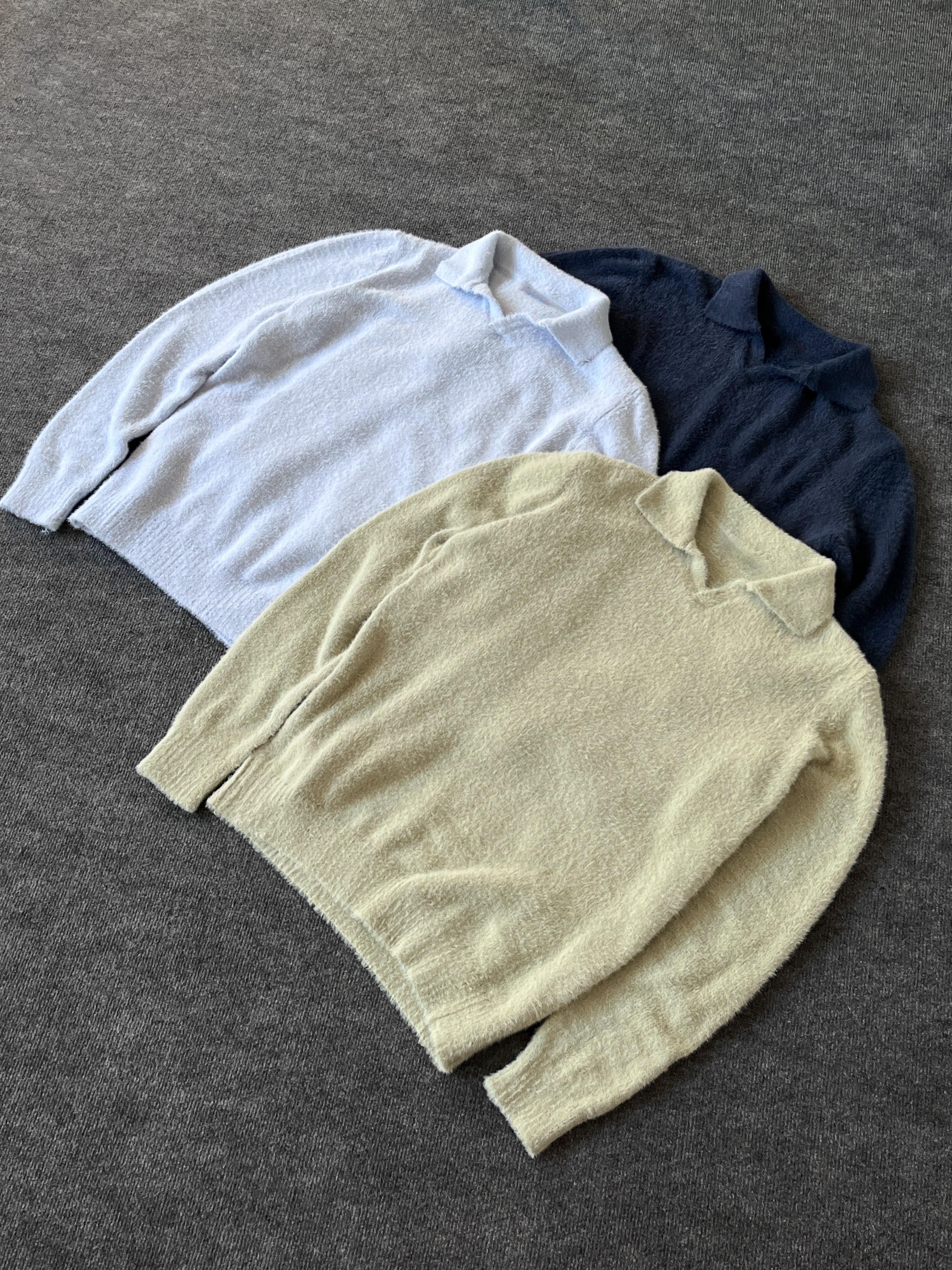 Luxe Buz Mavi Polo Yaka Fluffy Örgü Kazak