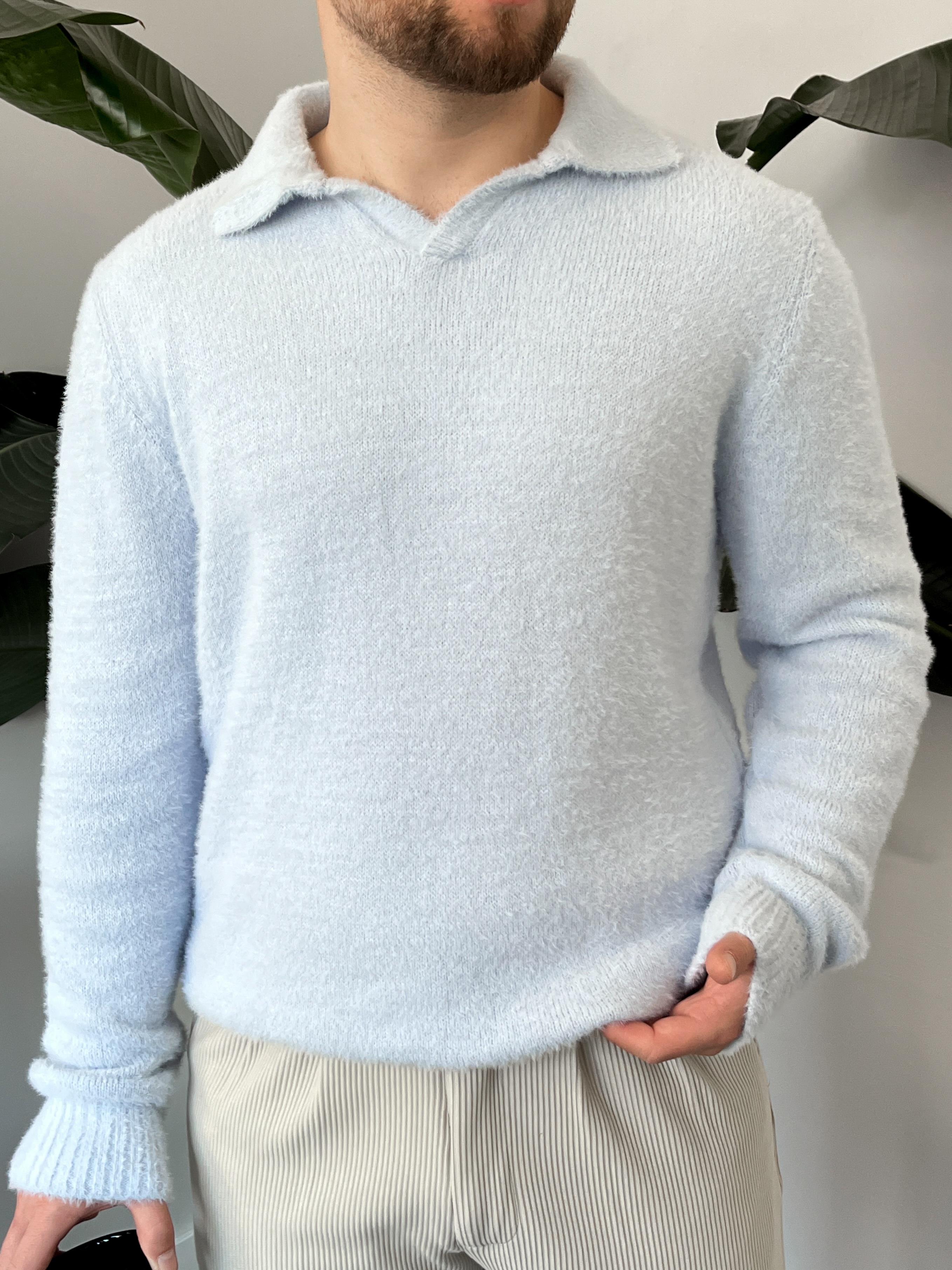 Luxe Buz Mavi Polo Yaka Fluffy Örgü Kazak