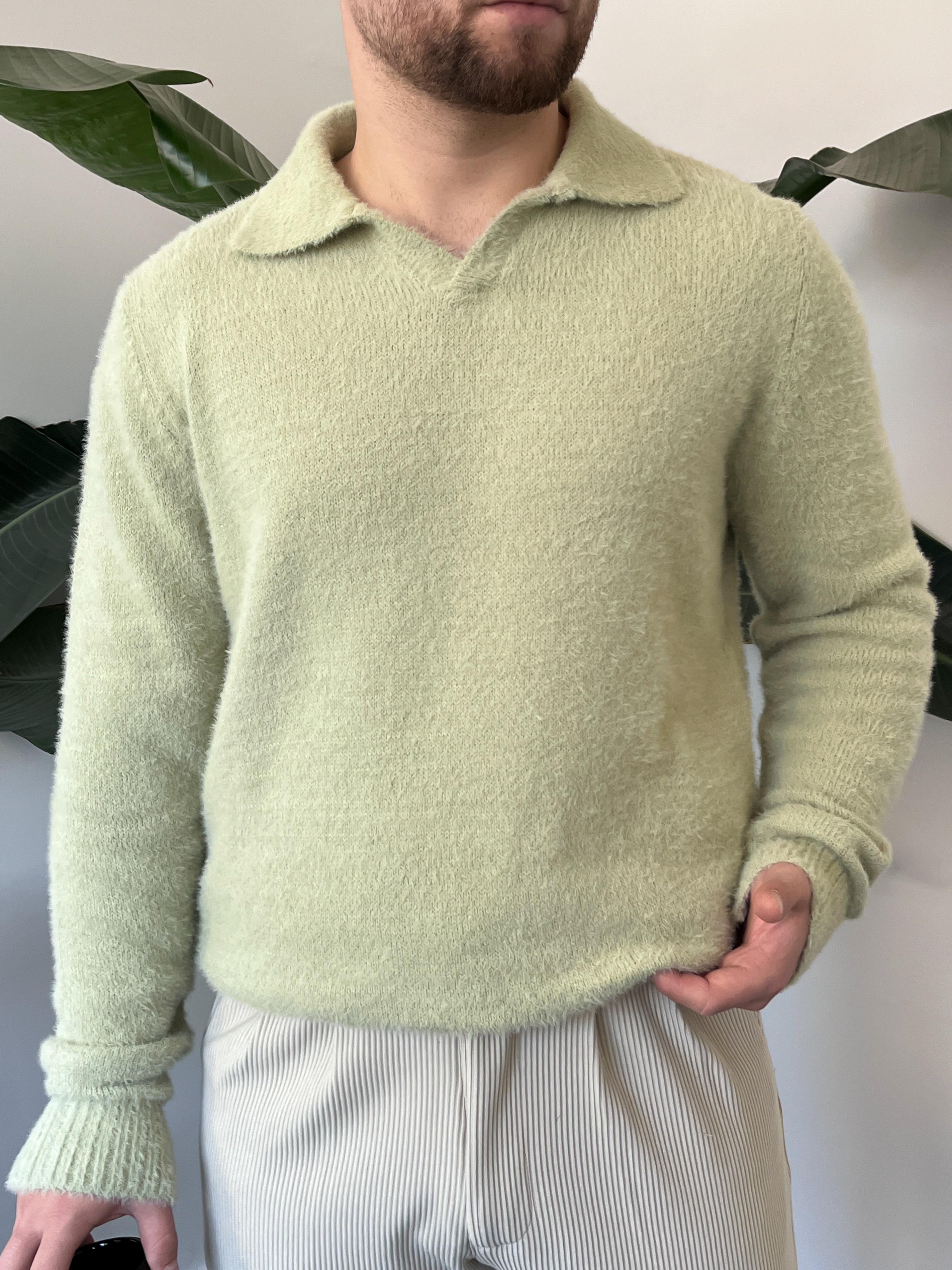 Luxe Yeşil Polo Yaka Fluffy Örgü Kazak