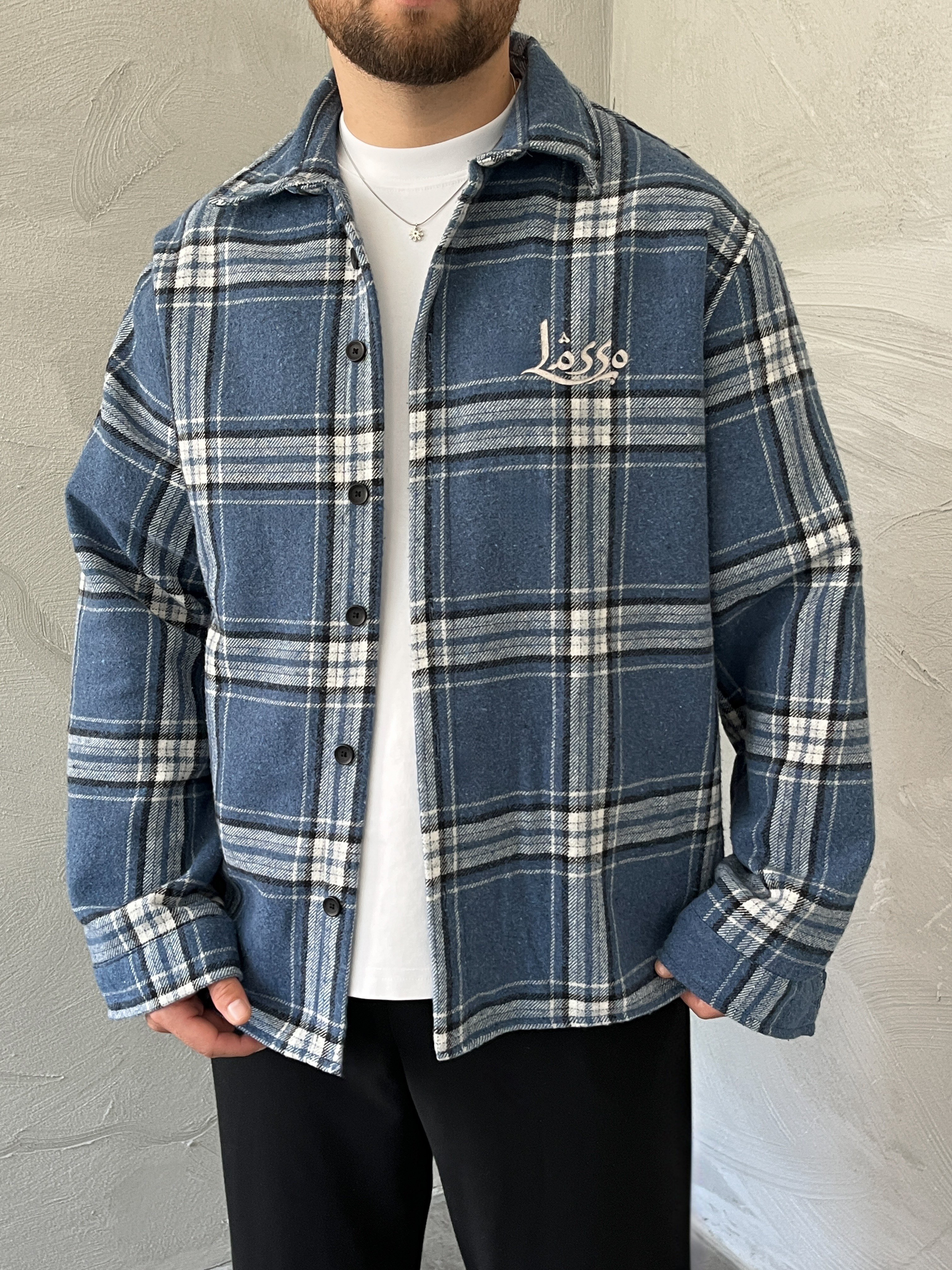 Mavi Baskılı Oversize Ekose Gömlek