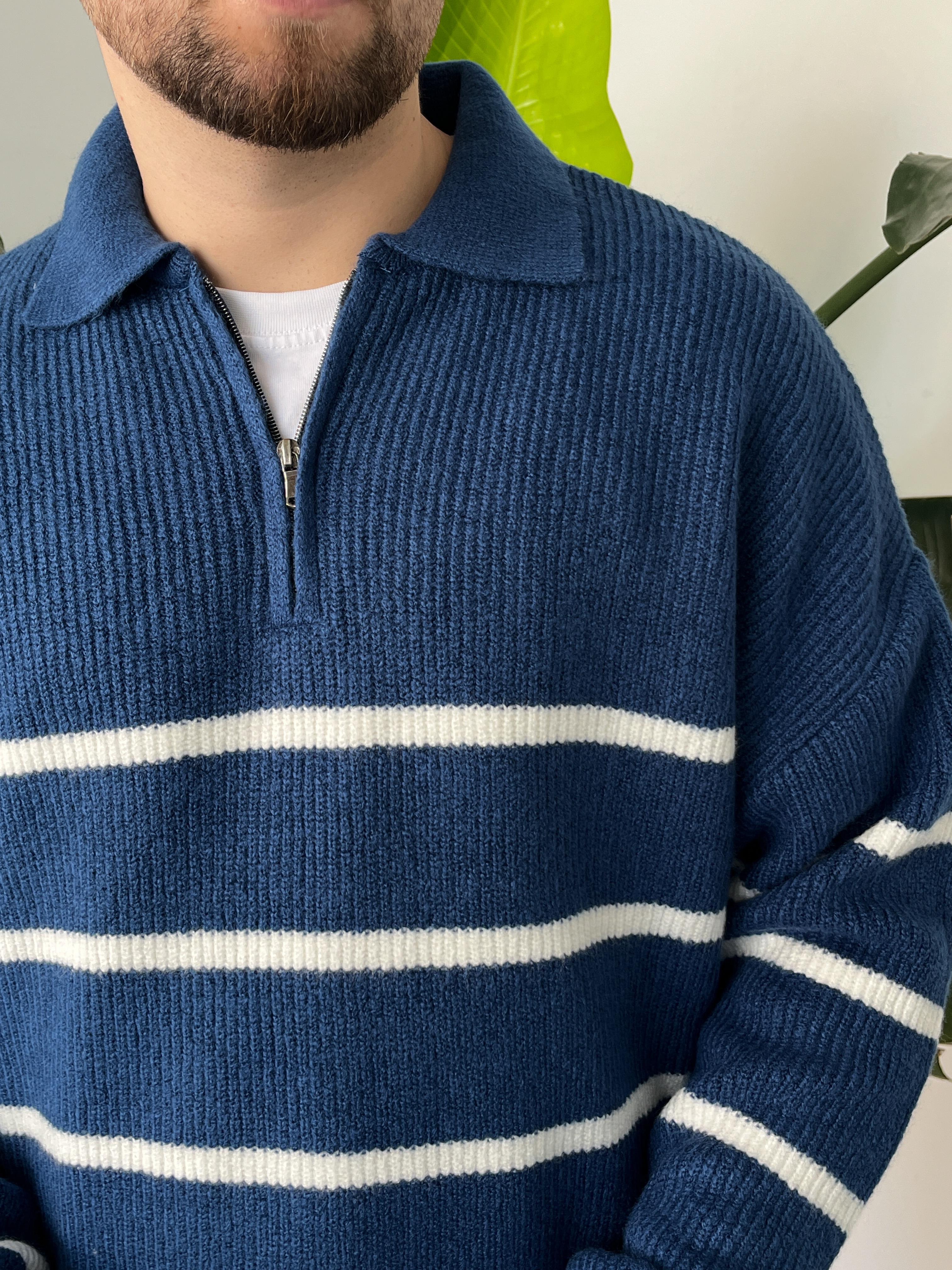 Mavi Çizgili Fermuar Detaylı Oversize Triko Kazak