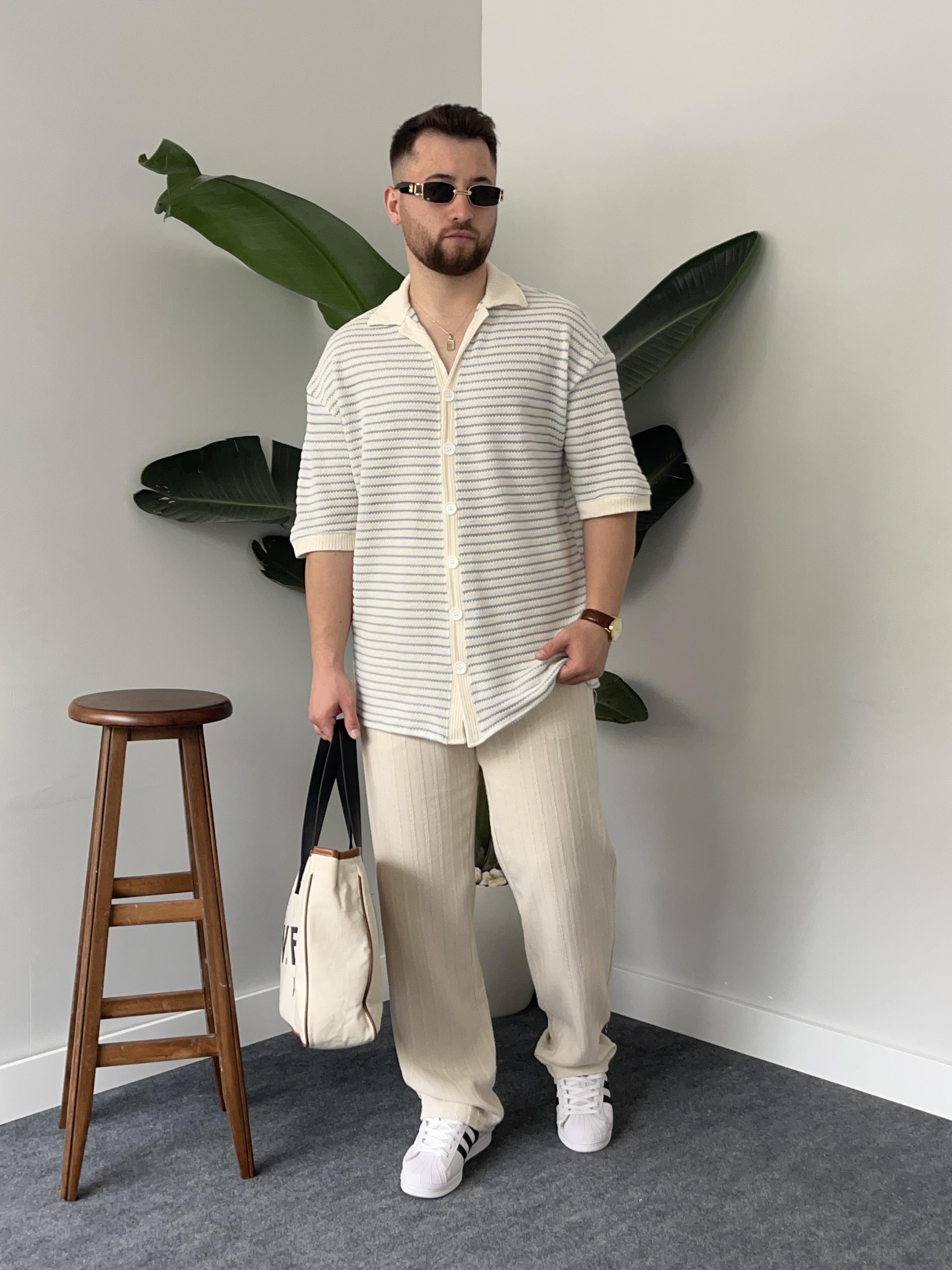 Mavi Çizgili Gömlek Görünümlü Oversize T-shirt