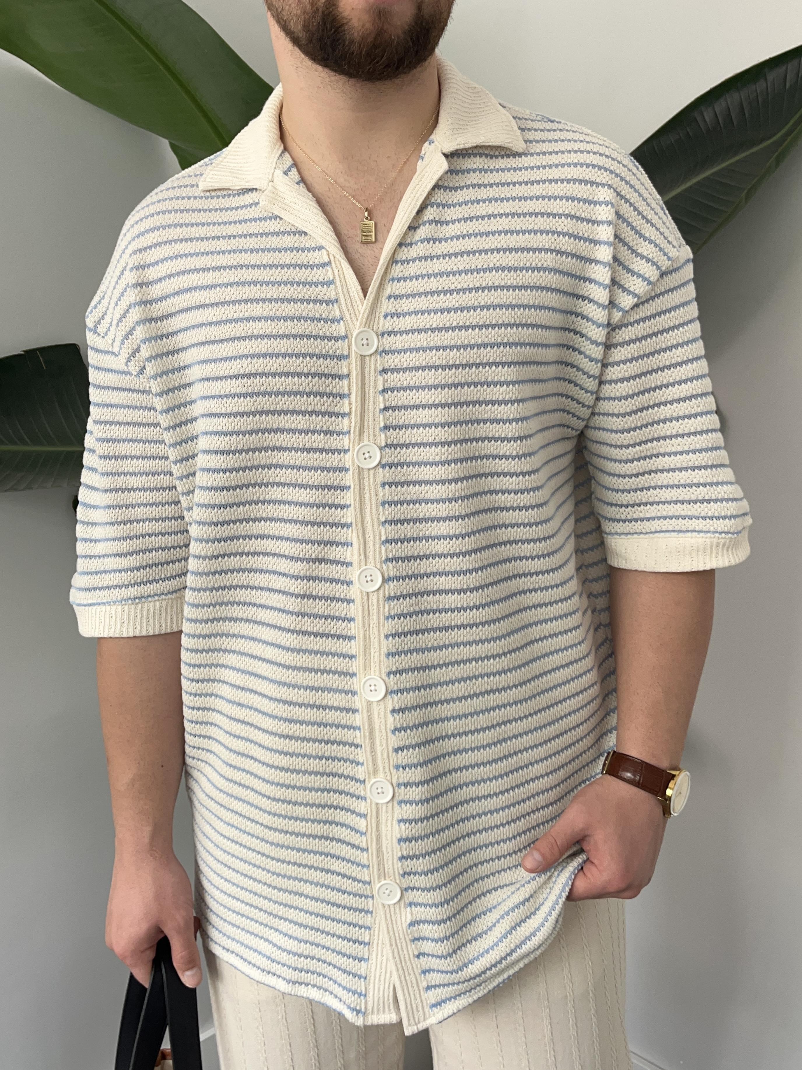 Mavi Çizgili Gömlek Görünümlü Oversize T-shirt