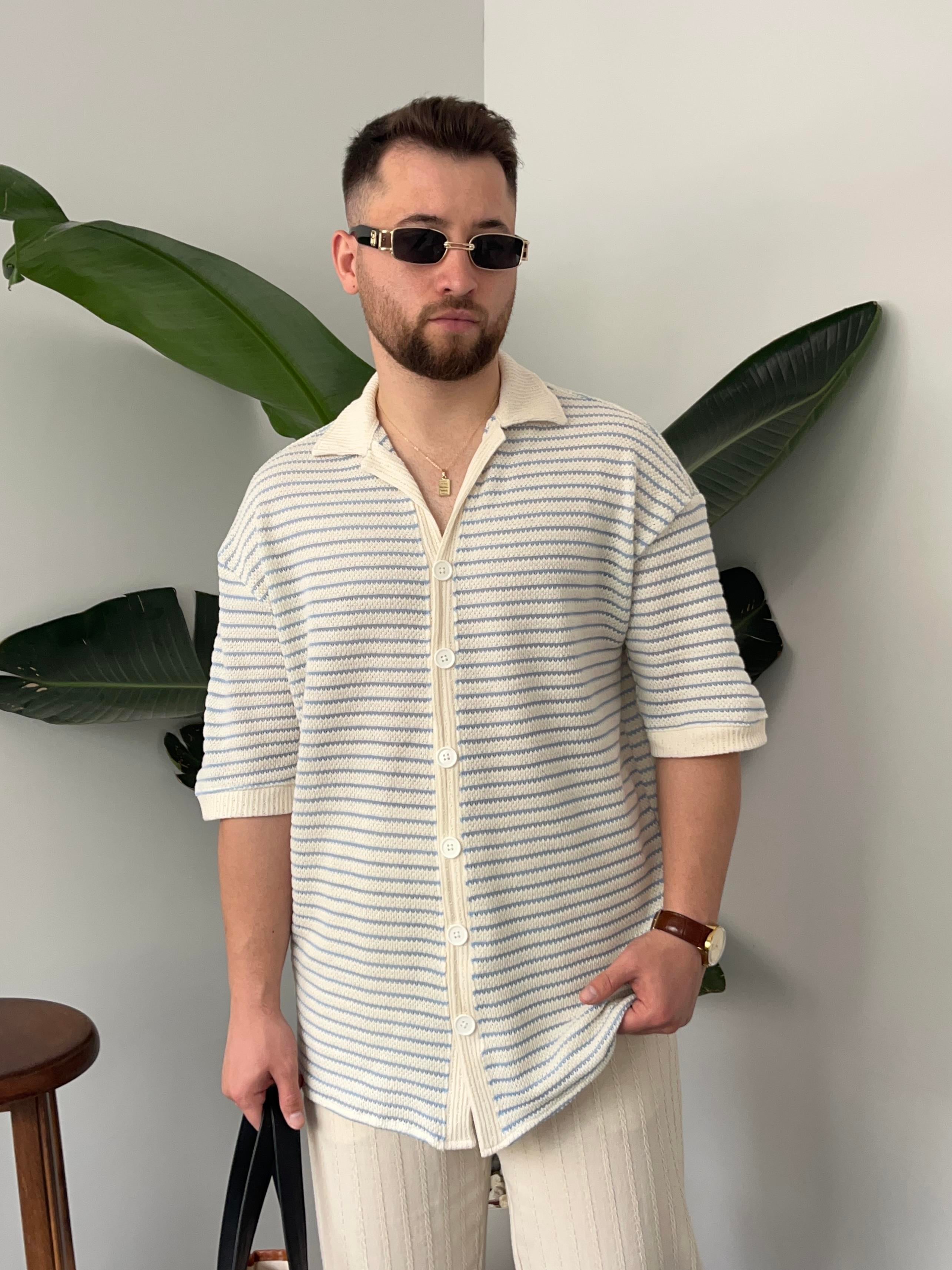 Mavi Çizgili Gömlek Görünümlü Oversize T-shirt