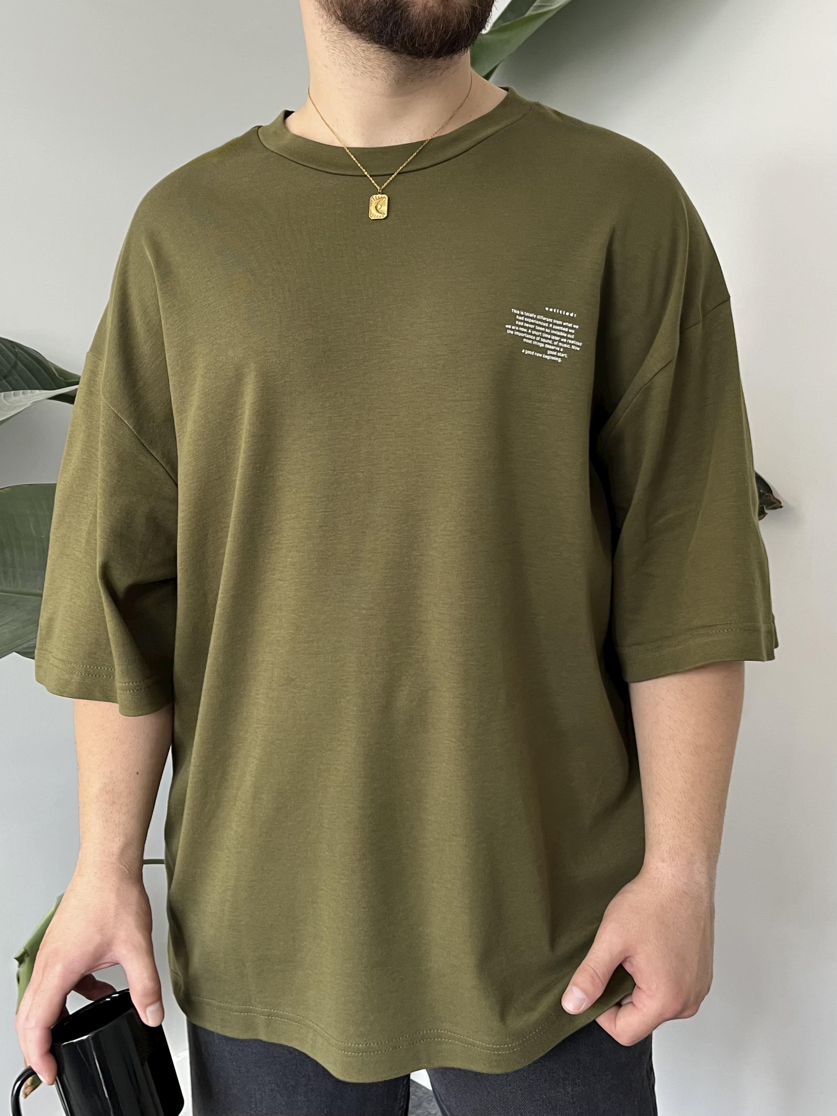Minimal Yazı Baskı Haki Oversize T-shirt
