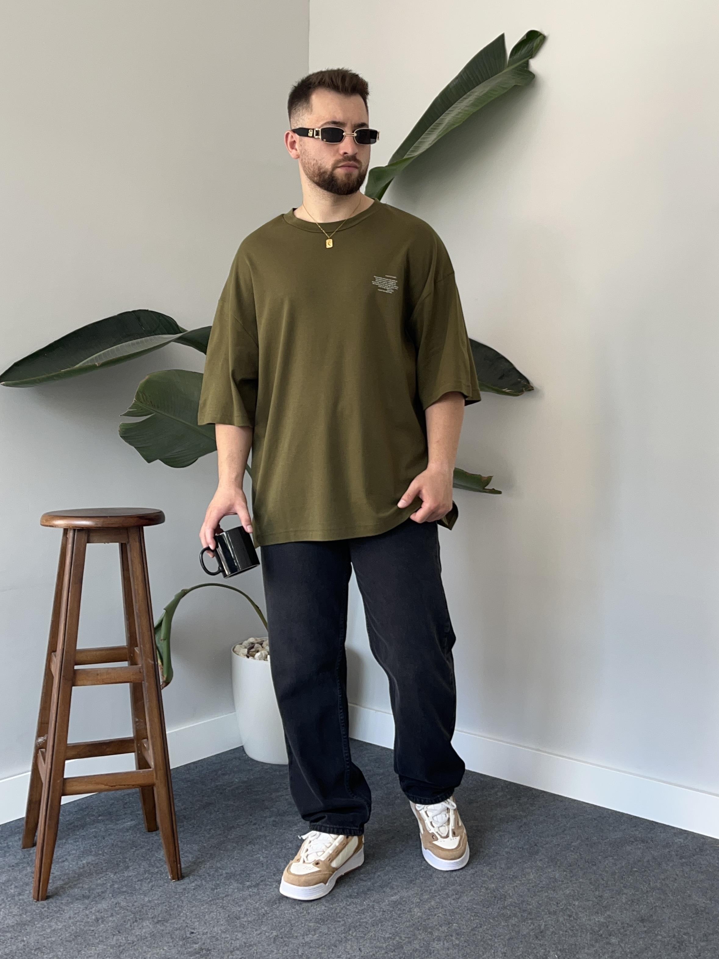 Minimal Yazı Baskı Haki Oversize T-shirt
